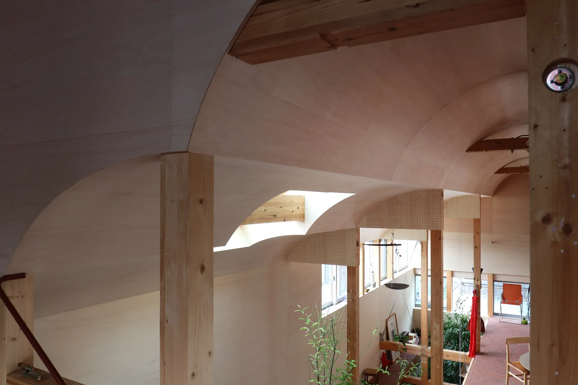 A multi-level interior features a curved plywood arched ceiling supported by exposed timber columns with skylights and natural light.