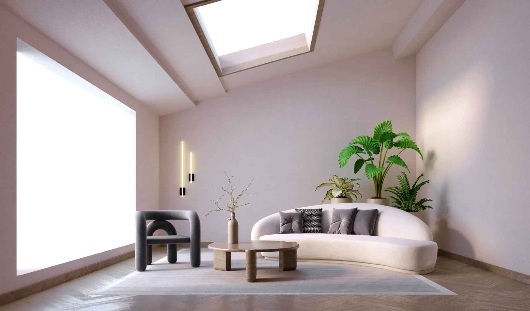 A minimalist living room features a curved white sofa, a grey sculptural armchair, a round wooden coffee table, and a large rectangular skylight.