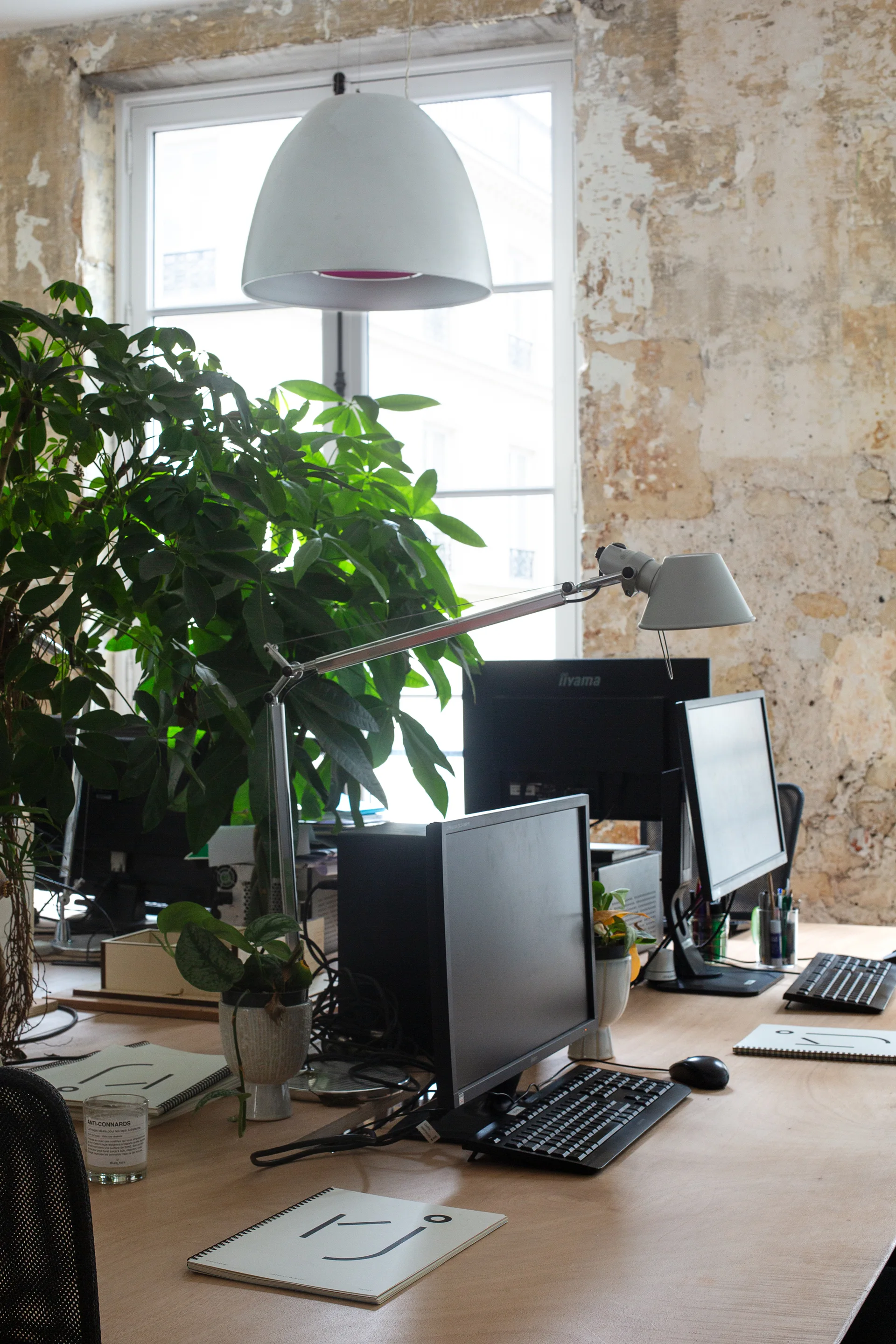 A large wood office desk with computer monitors and keyboards sits in front of a distressed plaster wall and a window.