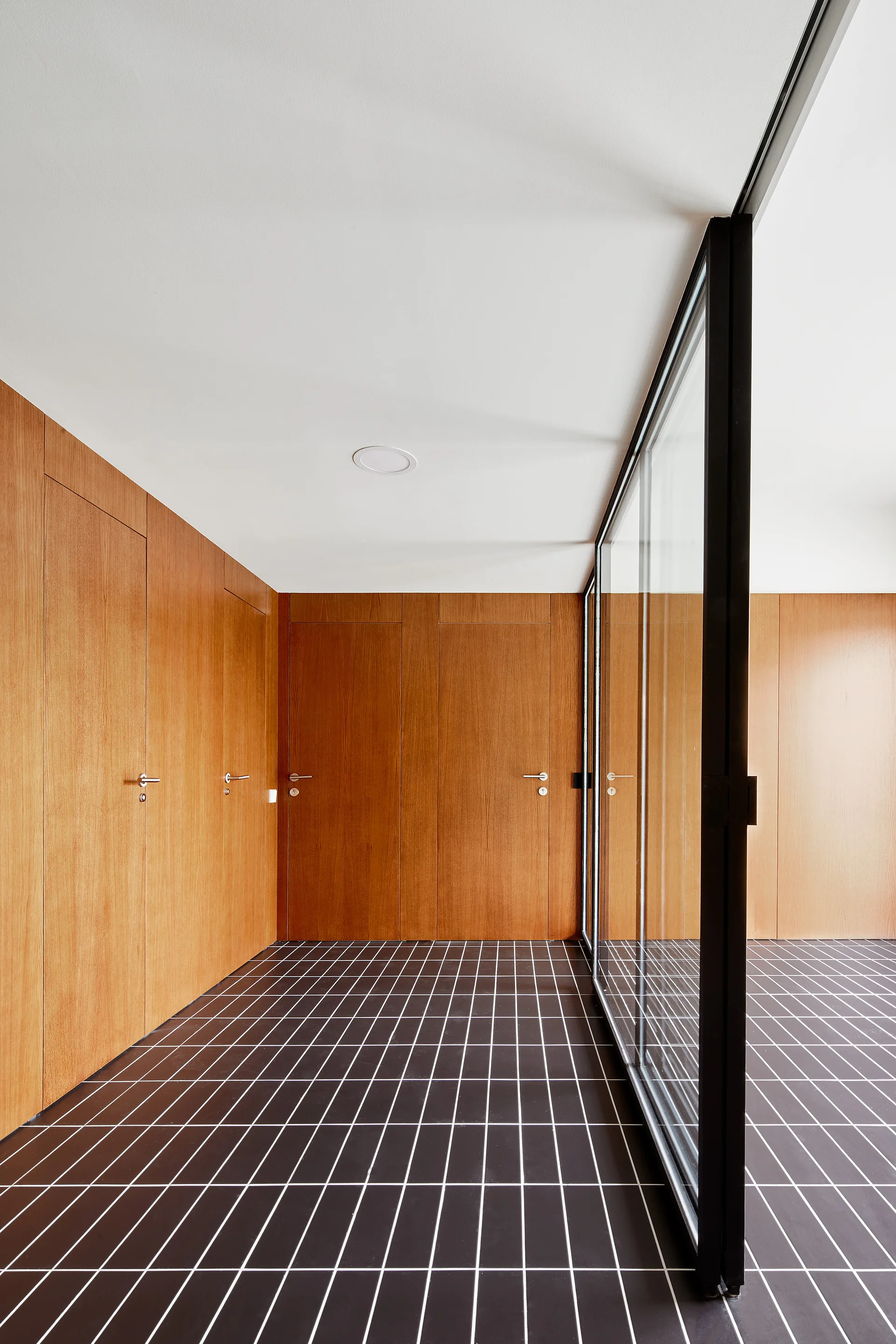 A minimalist corridor features wood paneled walls with flush doors, a black-framed glass partition, and dark rectangular tiled flooring.