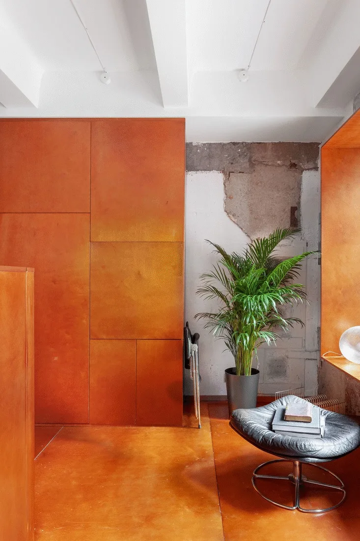 A minimalist interior features large orange wood wall cabinets, a matching orange floor, an unfinished concrete wall patch, and a potted palm.