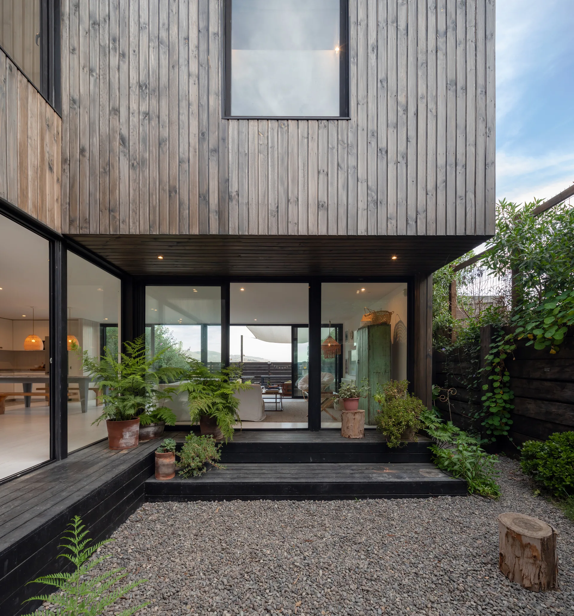 A modern backyard courtyard features black-painted wood deck steps decorated with potted ferns beneath weathered wood vertical siding.
