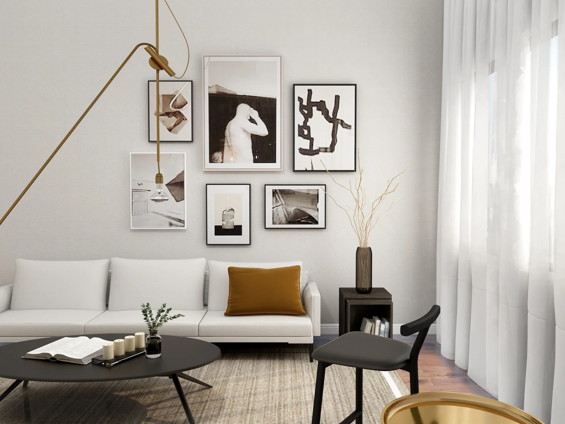 A light grey living room features a white sofa beneath a black-and-white gallery wall, a round coffee table, and sheer white curtains.