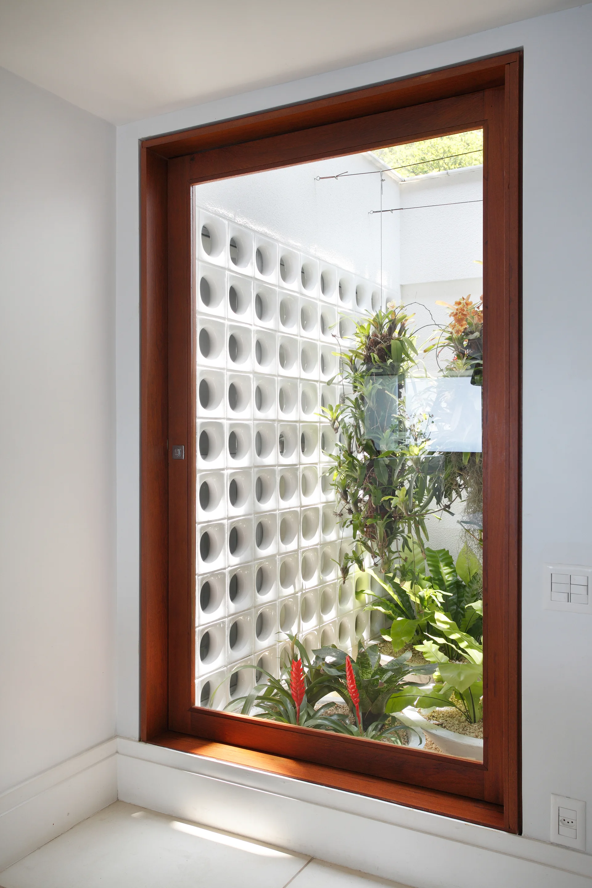 A large timber-framed window looks into a bright, white-walled courtyard decorated with a patterned breeze block wall and lush tropical plants.
