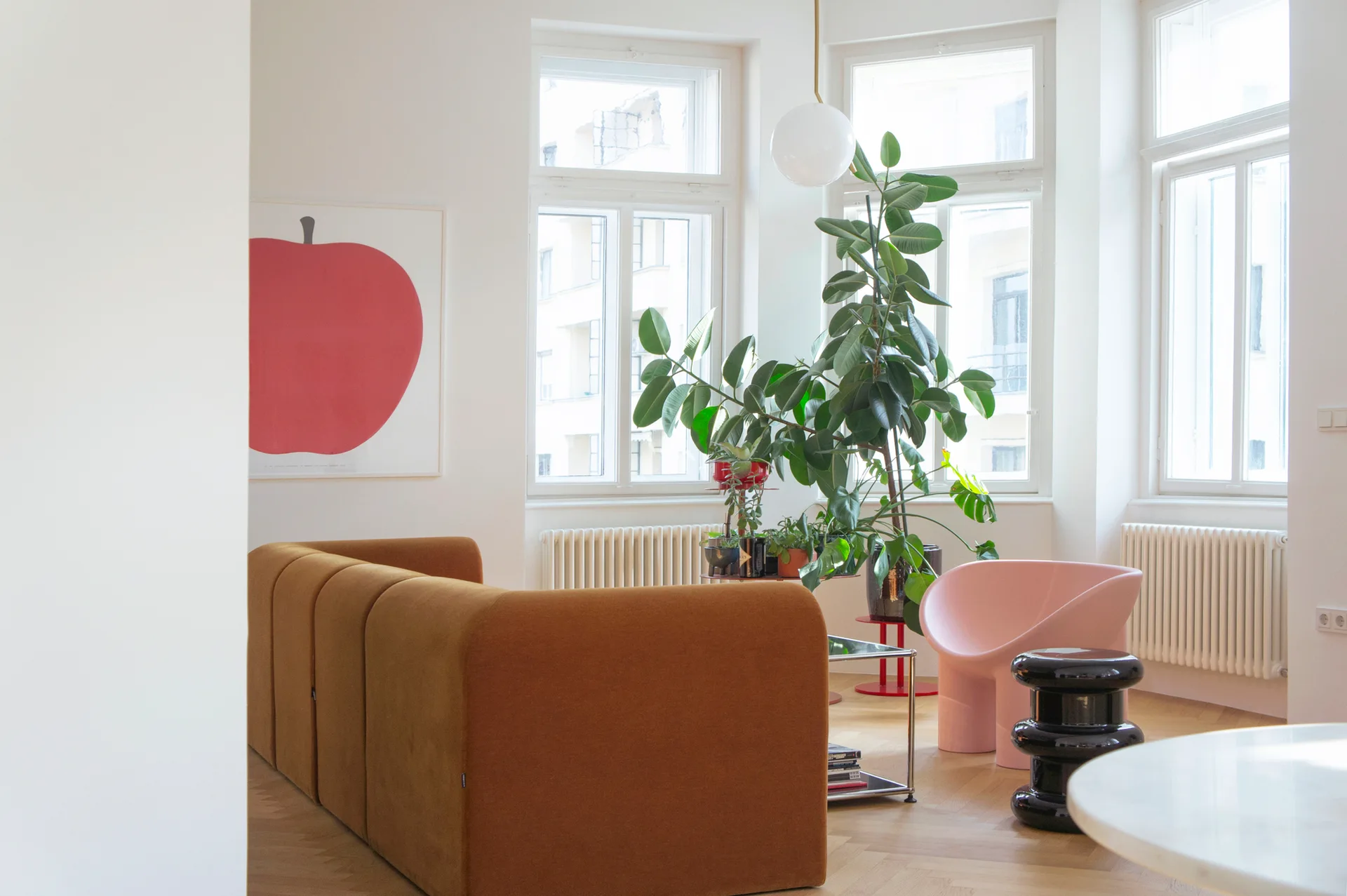 A bright living room features a brown modular sofa, a rounded pink accent chair, and a large potted rubber tree plant in front of white-framed windows.