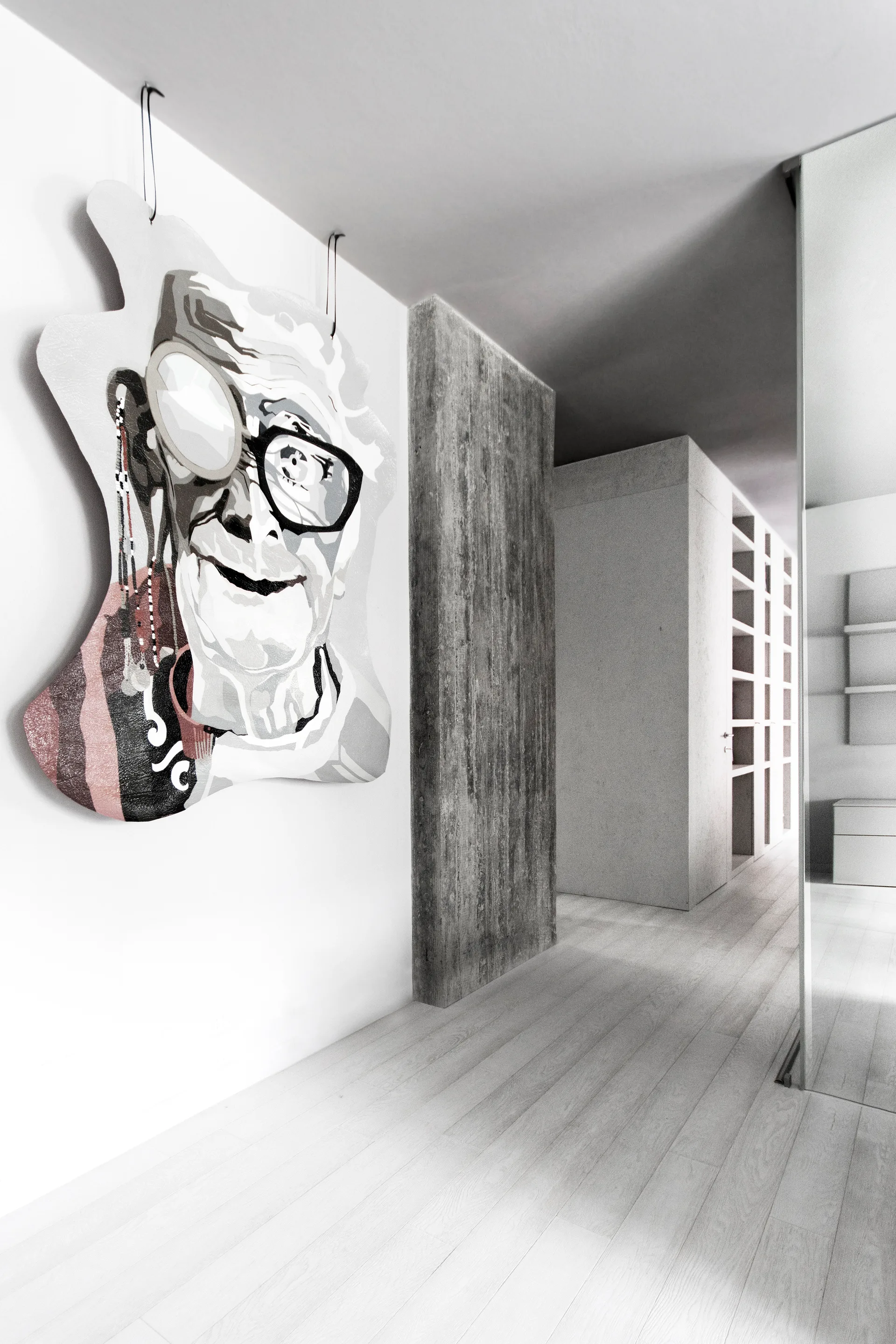 A minimalist white hallway featuring a large stylized portrait wall art piece, light wood flooring, and a textured vertical wall panel.