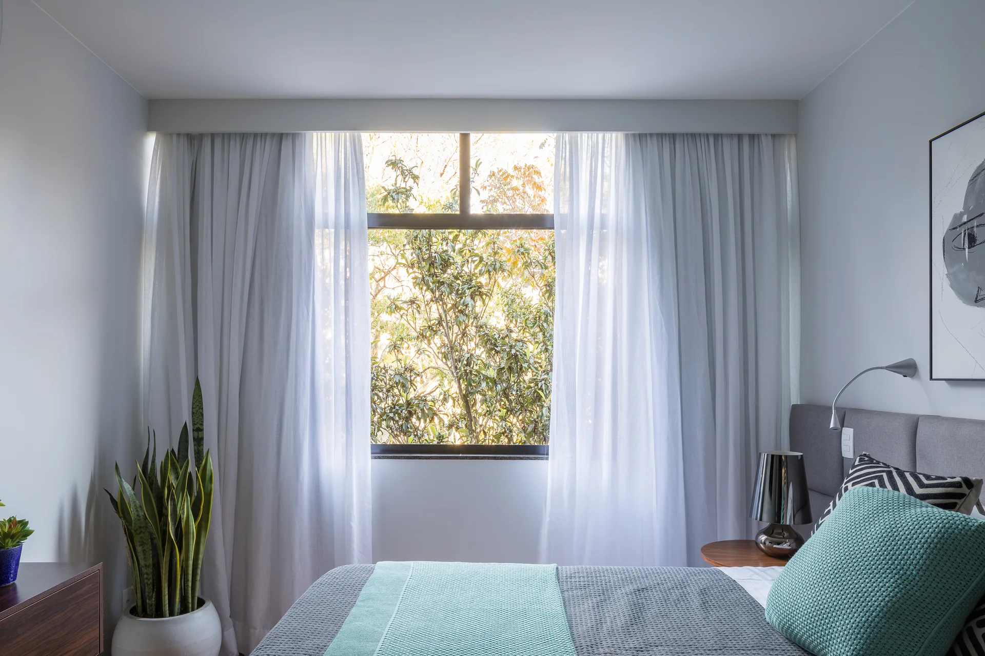 A modern bedroom features a bed with gray and teal knit textiles, a large window with sheer white curtains, and a snake plant in a white planter.
