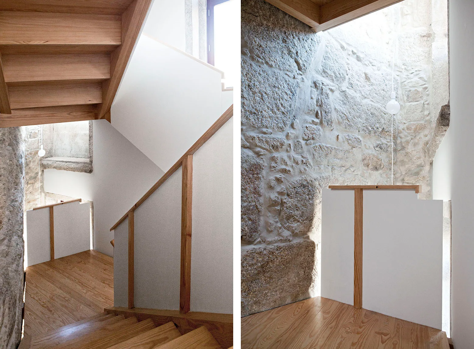 A contemporary wooden staircase featuring light-toned wood treads and white banisters set against a rugged, exposed stone wall.