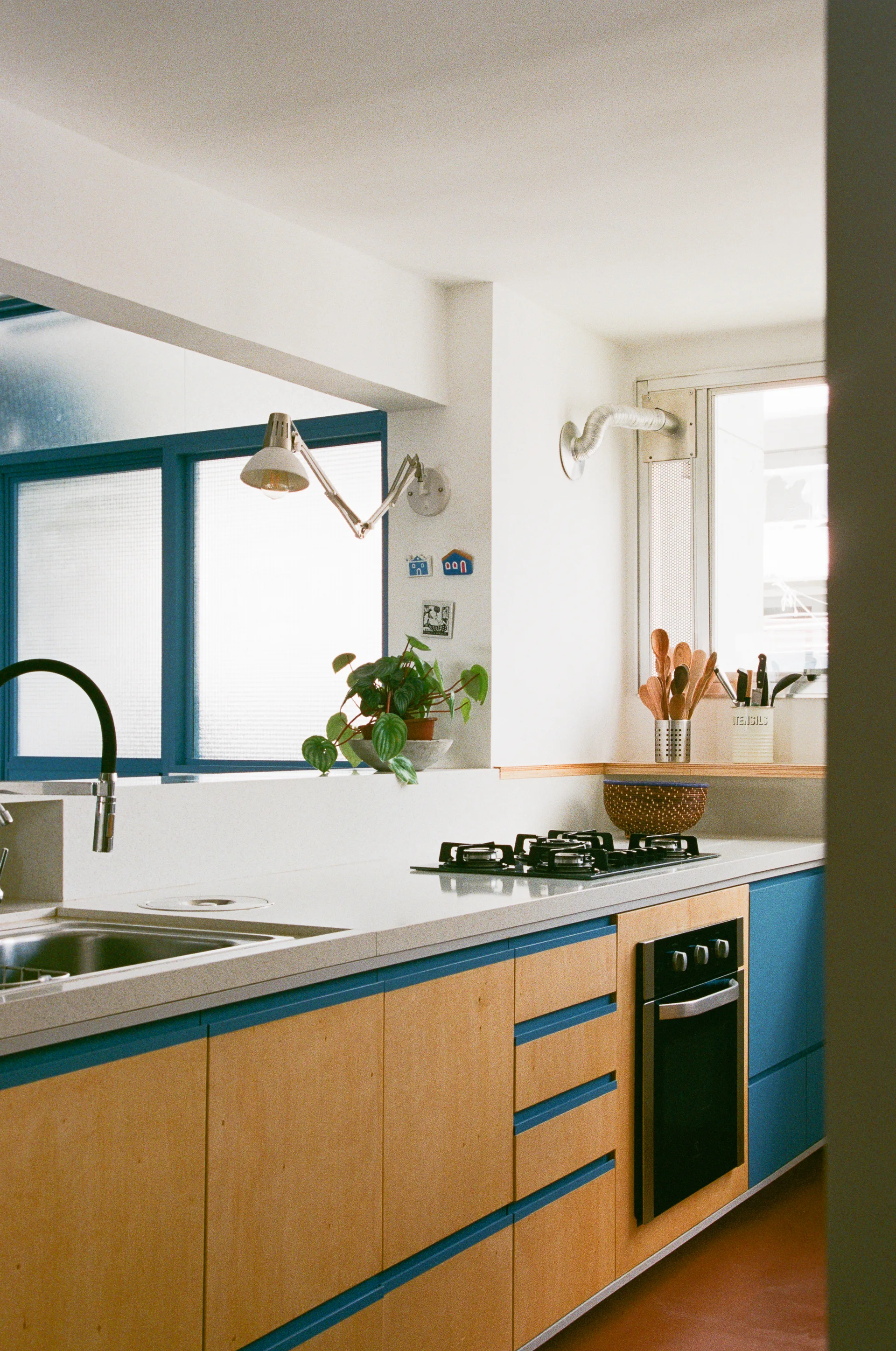 A modern kitchen featuring light wood cabinets framed with blue trim, a white countertop, a black gas cooktop, and an adjustable wall-mounted lamp.