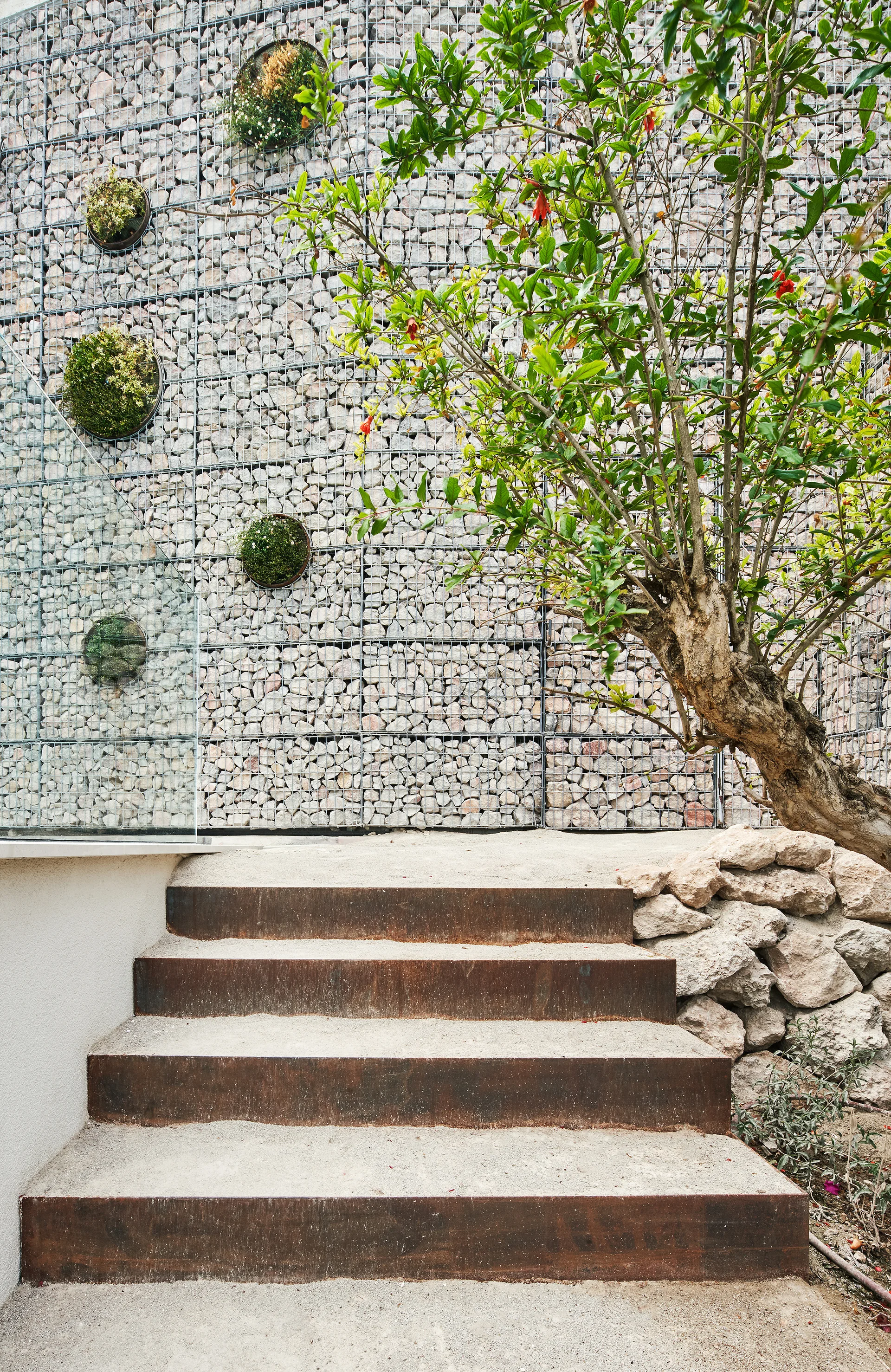 An outdoor pathway features weathered steel steps leading up to a stone gabion wall with small wall-mounted planters and a mature green tree.