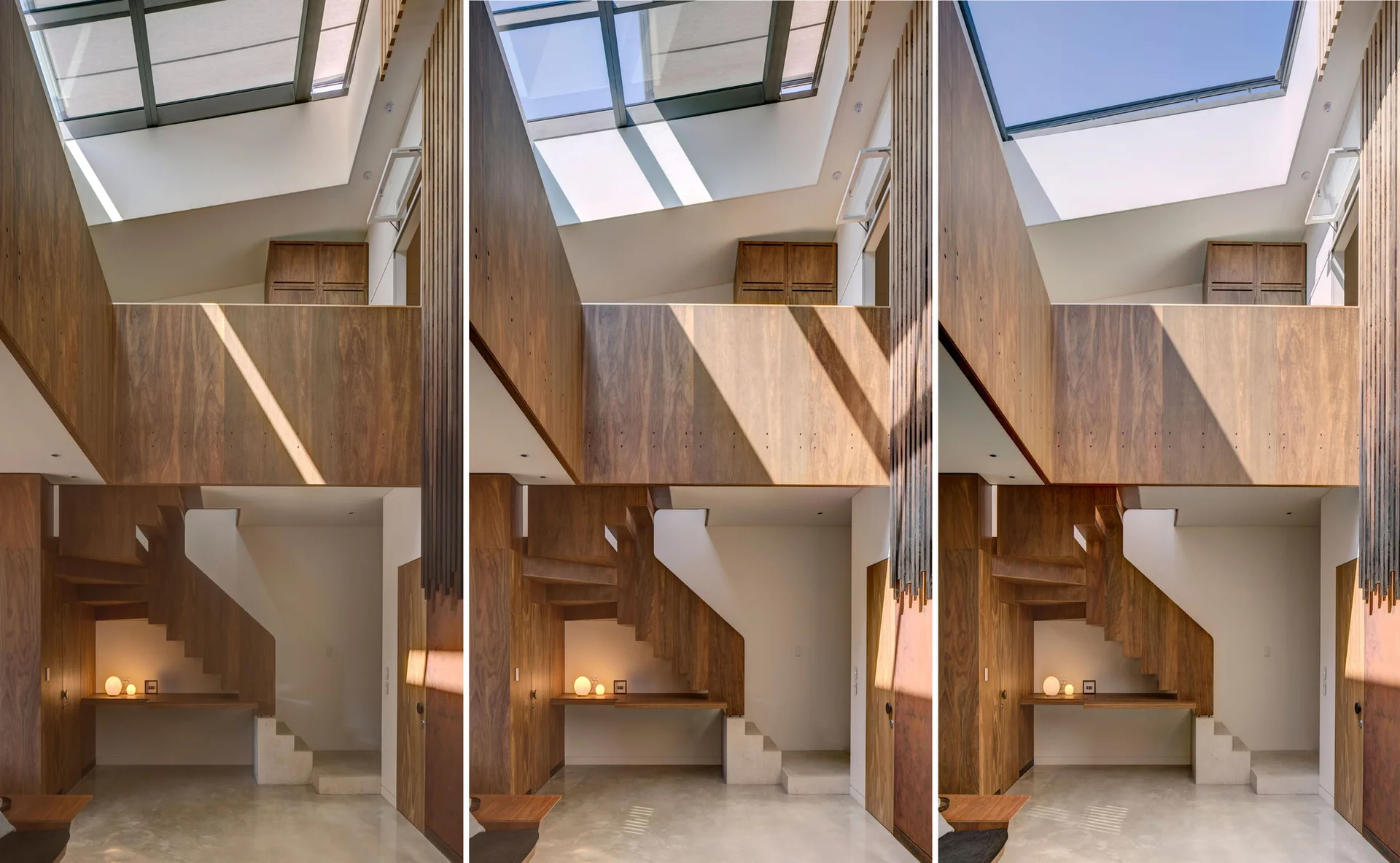 A three-panel view of a modern wood-clad staircase and landing positioned under a large skylight with a small built-in desk below.