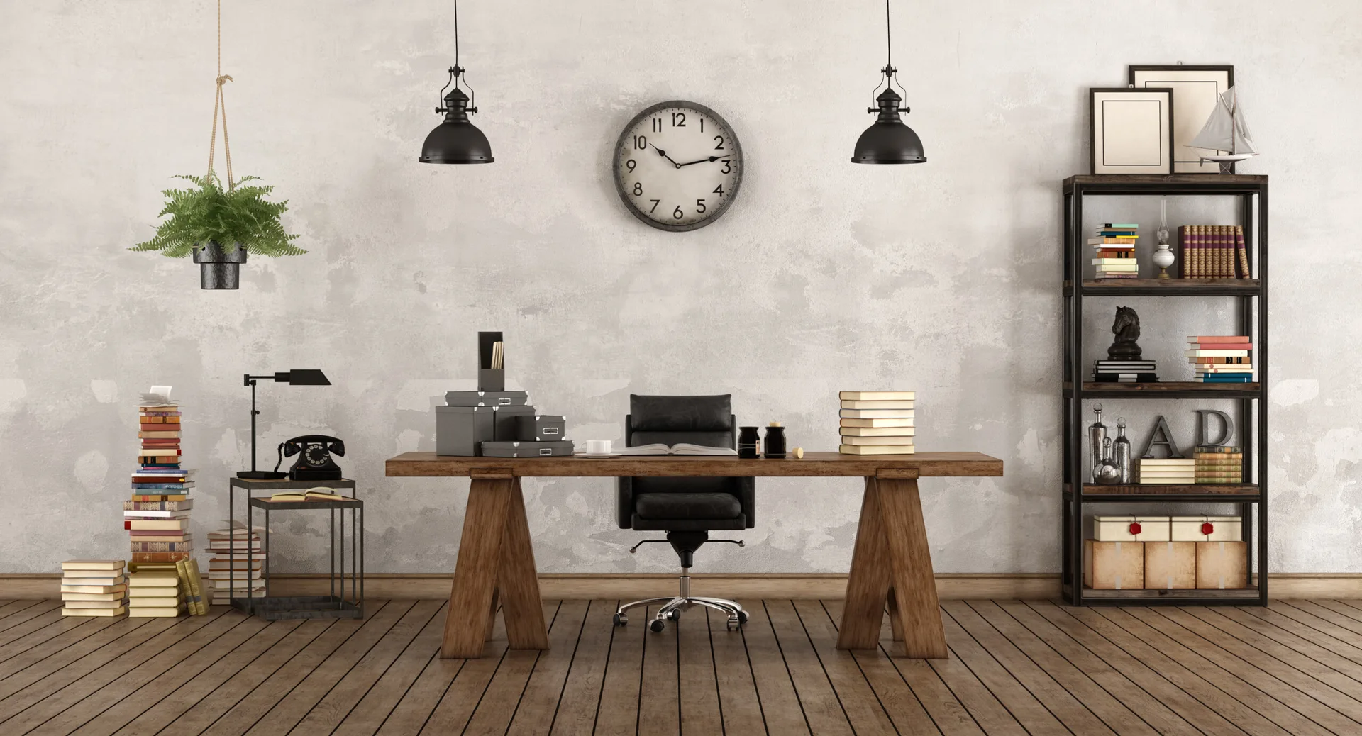 A wooden trestle desk and black chair sit in front of a distressed plaster wall in an industrial-style home office.