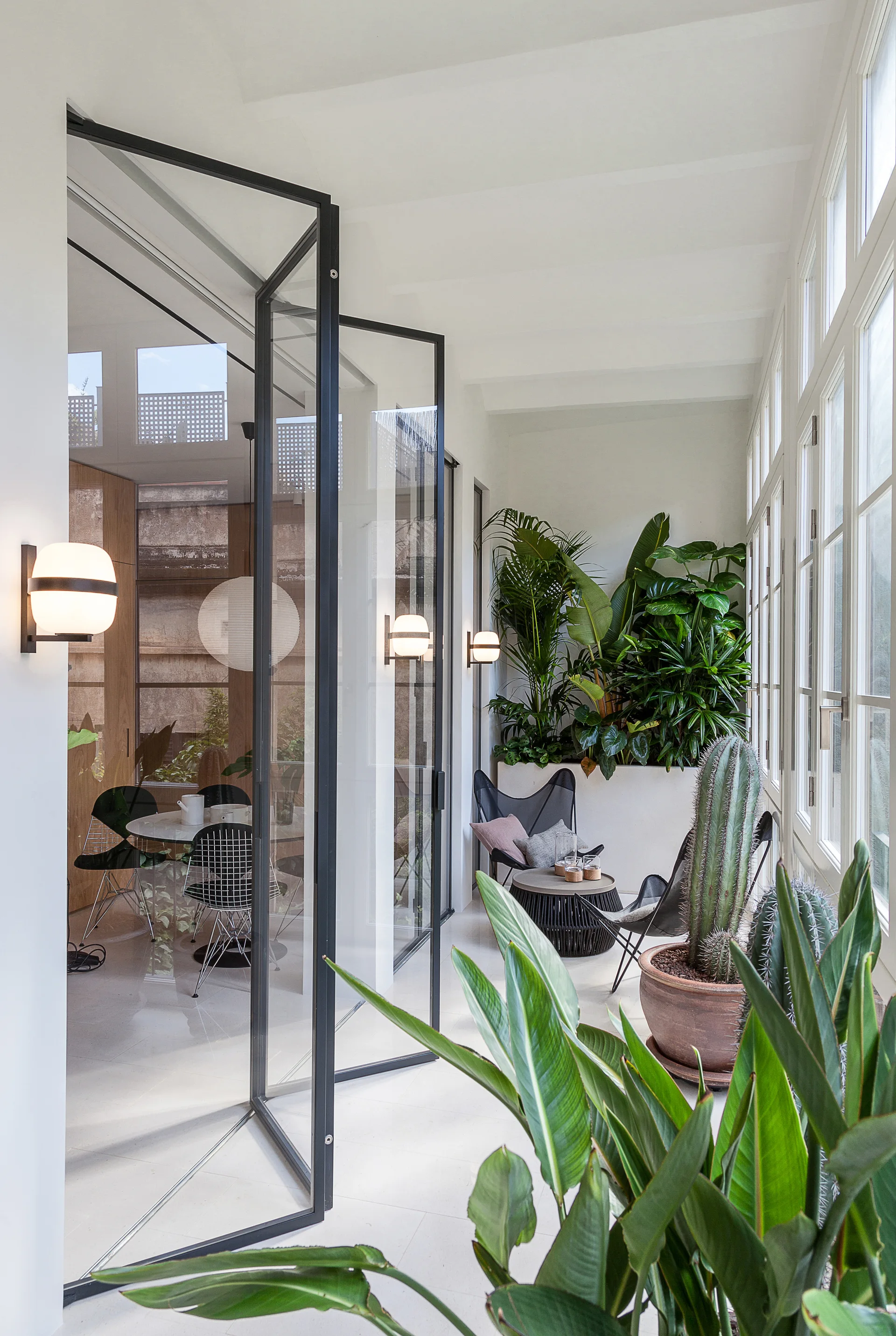 A bright sunroom features black framed glass pivot doors, black butterfly chairs, and lush potted tropical plants.