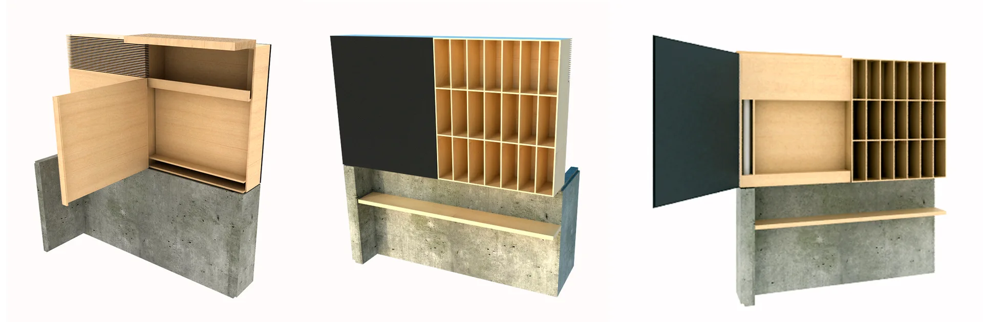 A three-part digital rendering of a custom wall-mounted storage unit made of light wood cabinetry and shelves resting on a textured grey concrete base.