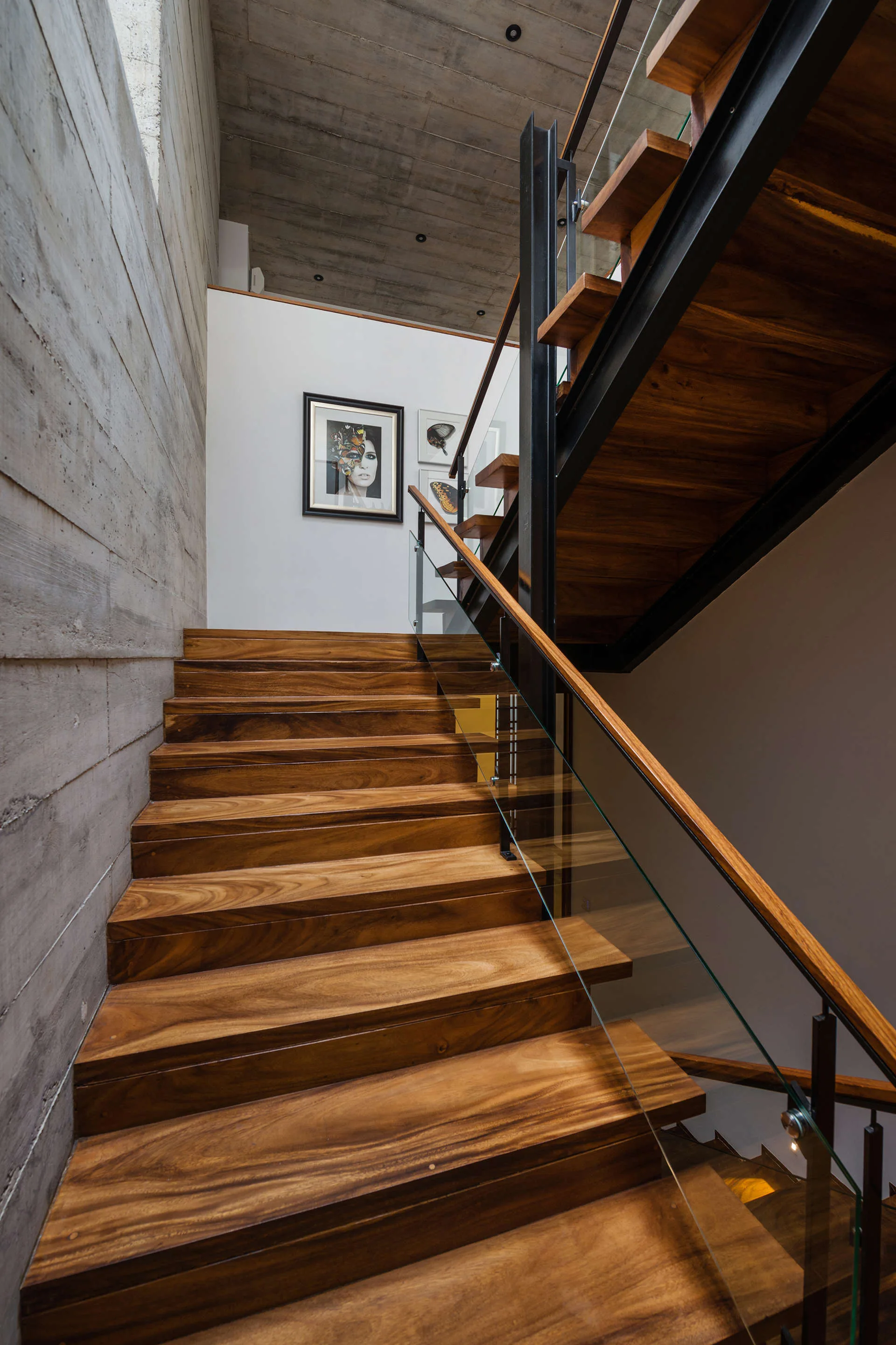 A modern indoor staircase with warm wood steps, a transparent glass railing, and an adjacent textured grey concrete wall.
