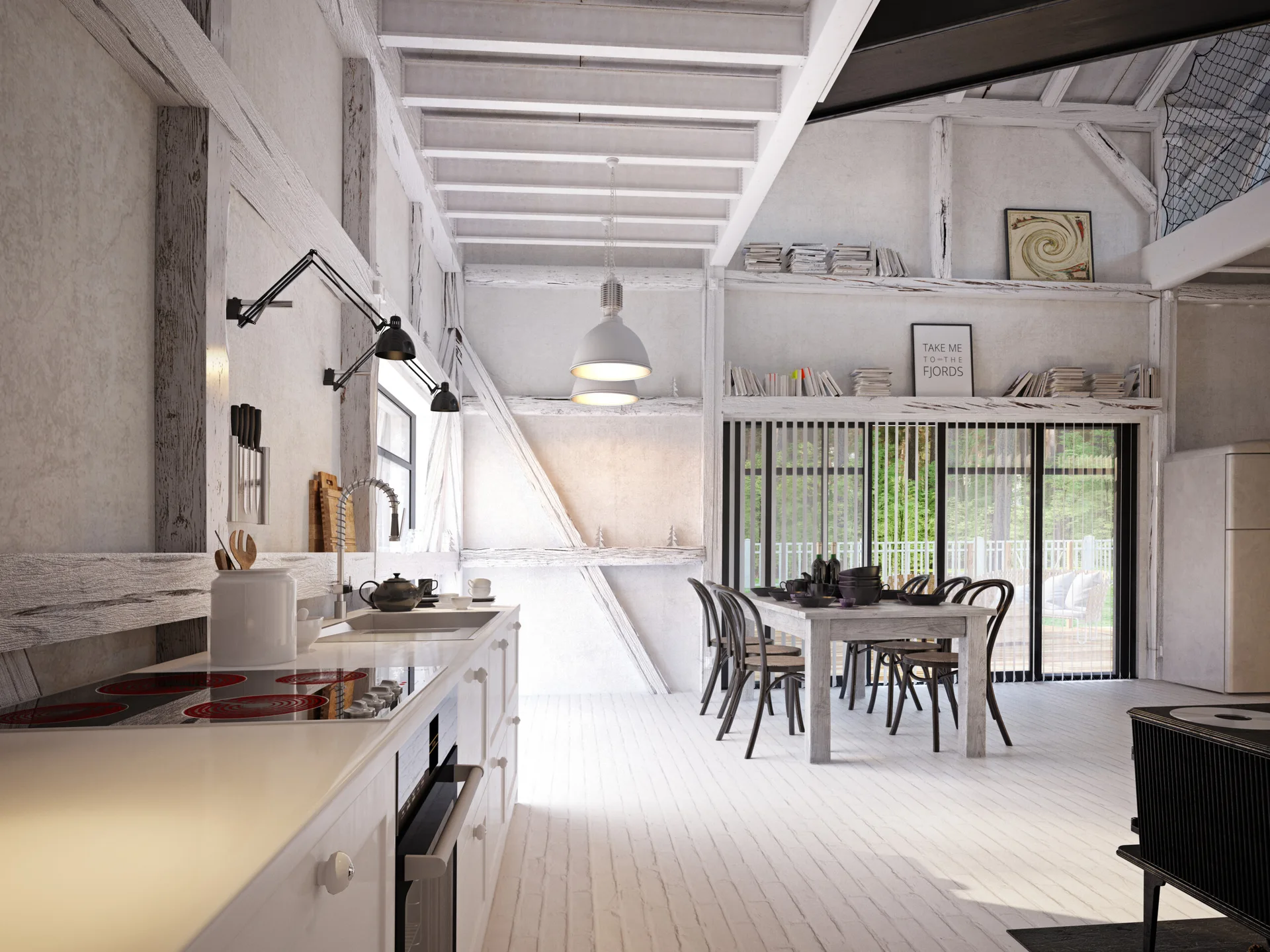 A white-washed kitchen and dining area with exposed timber framing, a white countertop, and black bentwood chairs around a dining table.