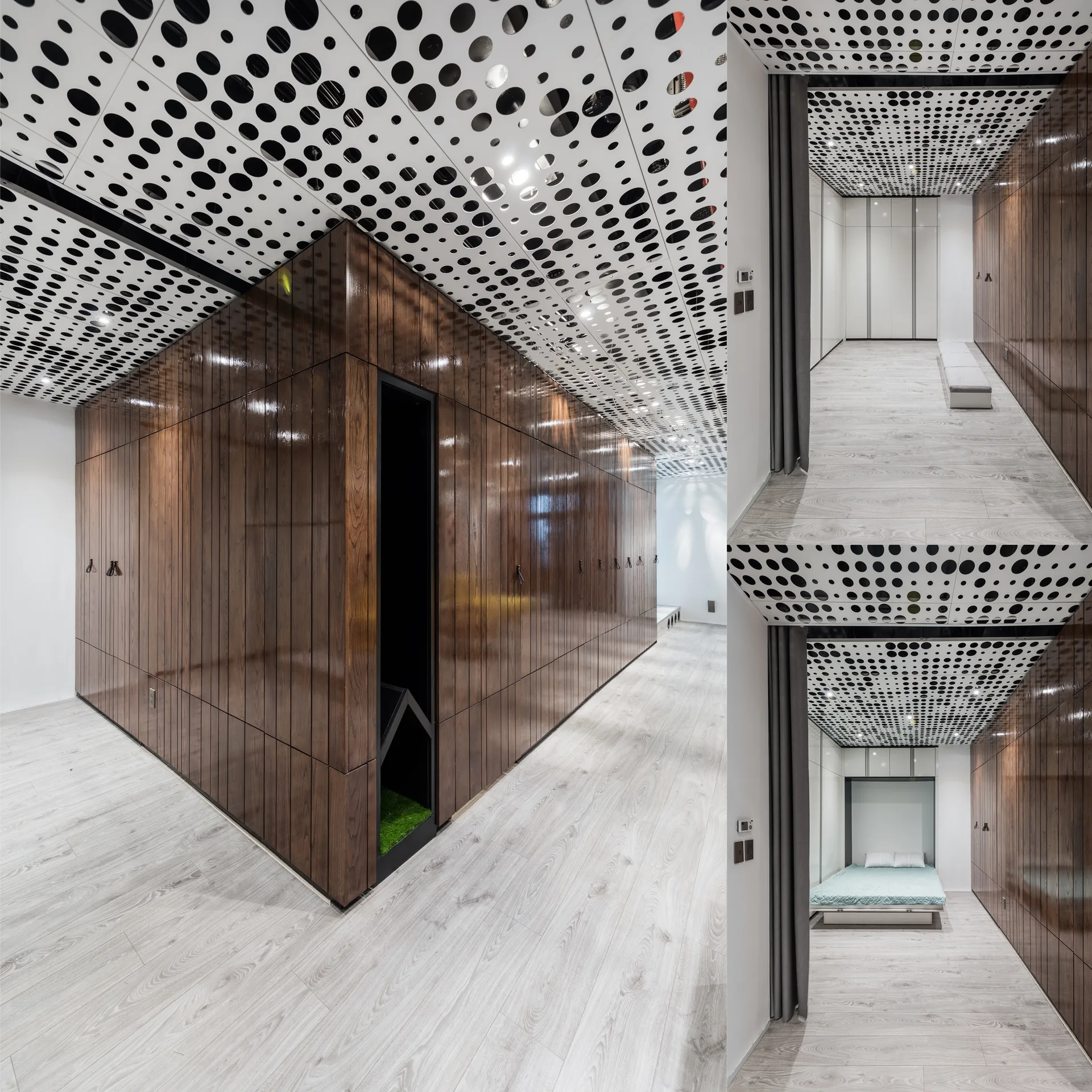 A modern room featuring high-gloss dark wood storage walls, a light wood-look floor, and a white ceiling with large black circular perforations.