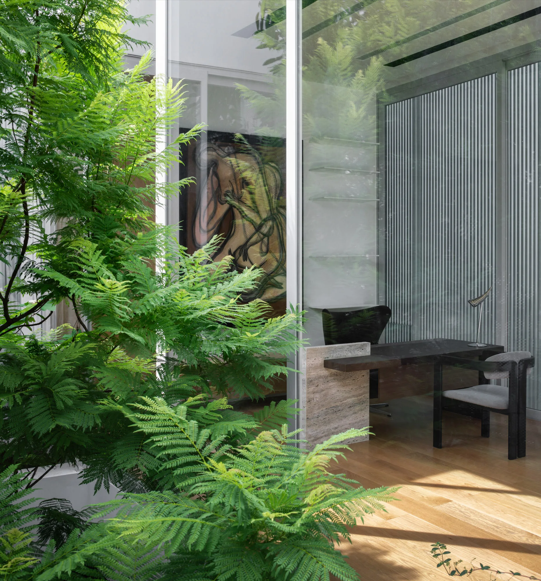 A modern home office with a dark wood desk and travertine stone base is viewed through a clean glass partition surrounded by lush green foliage.