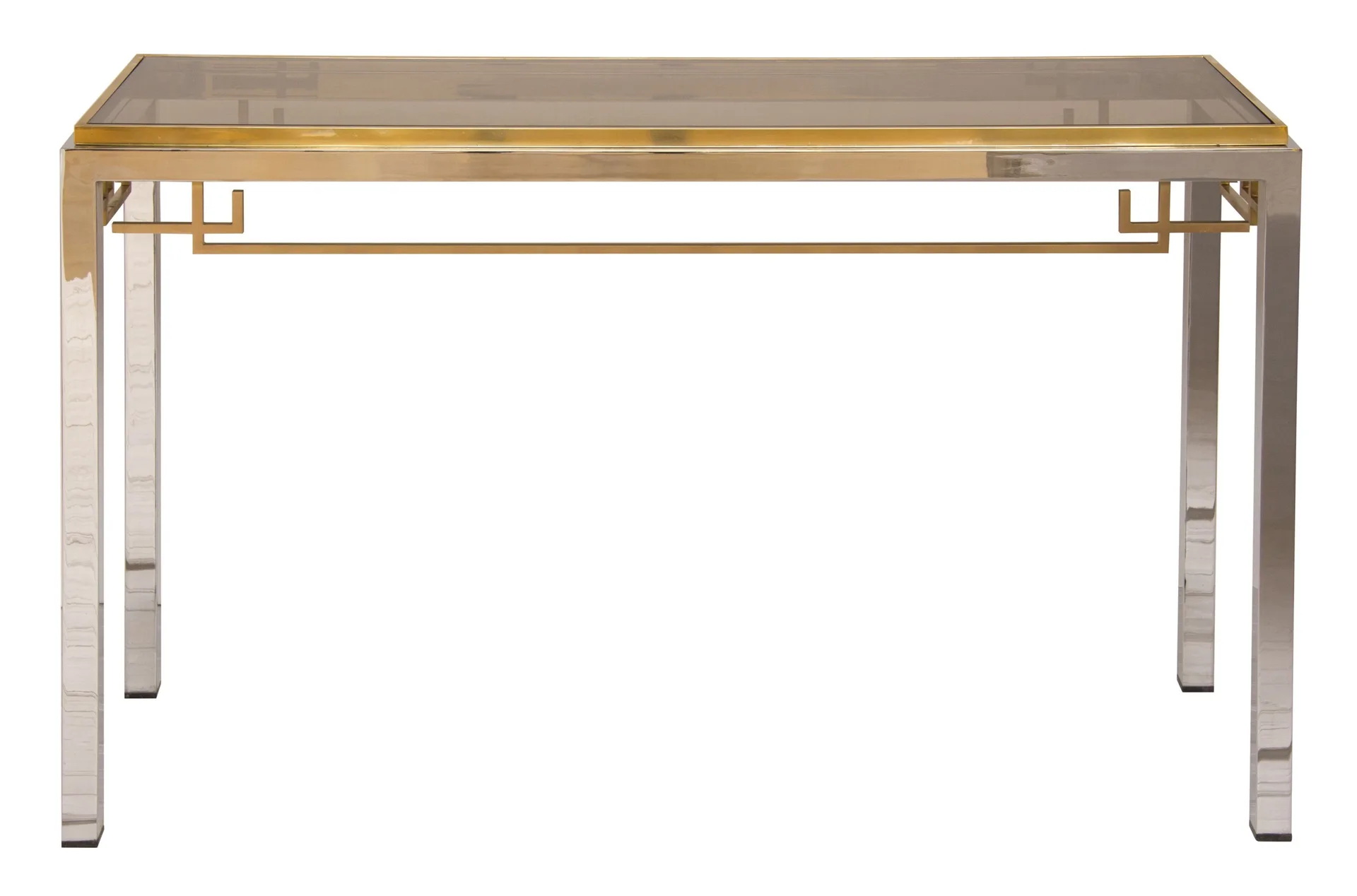 A rectangular console table featuring a polished chrome frame, gold geometric details, and a dark smoked glass top against a white background.