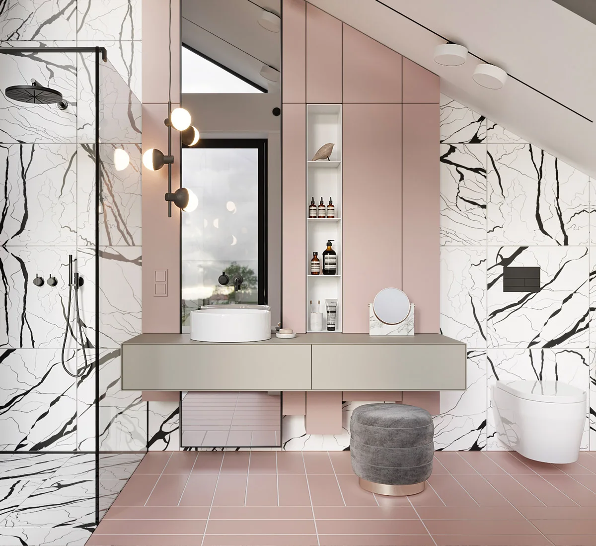 A modern attic bathroom featuring pink wall paneling, white marble-veined wall tiles, a floating gray vanity with a vessel sink, and a gray stool.