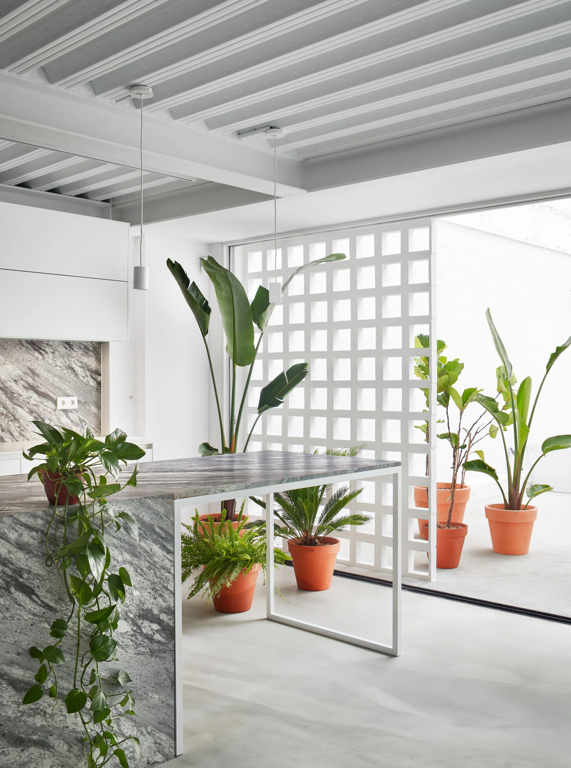 A modern white kitchen features a veined marble island, white breeze block partition screen, and various terracotta potted plants near a sliding glass door.