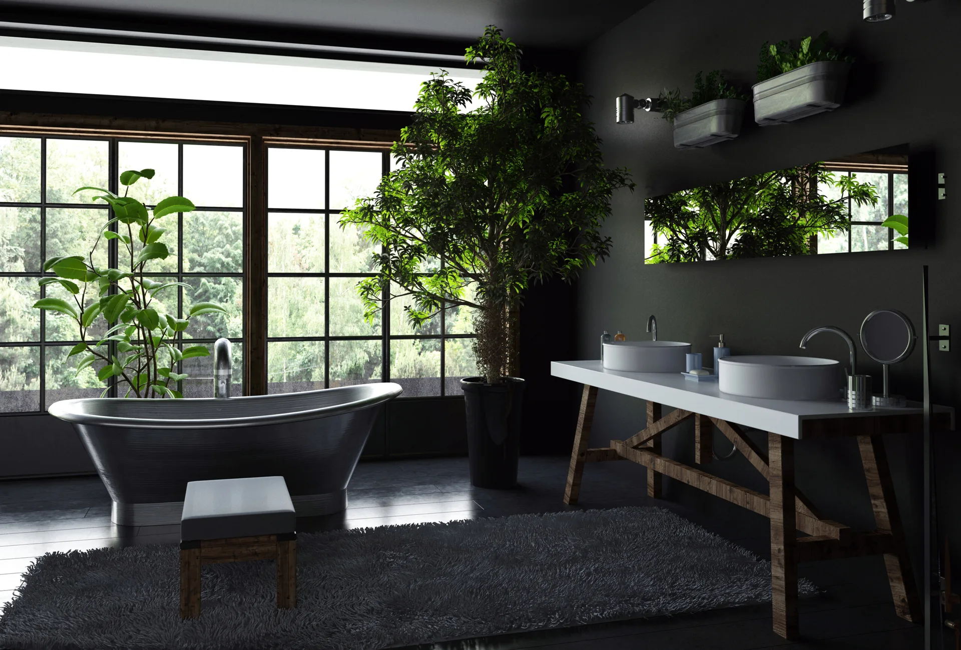 A modern industrial bathroom with a metal freestanding bathtub, a rustic wood double vanity, and large grid windows overlooking green trees.