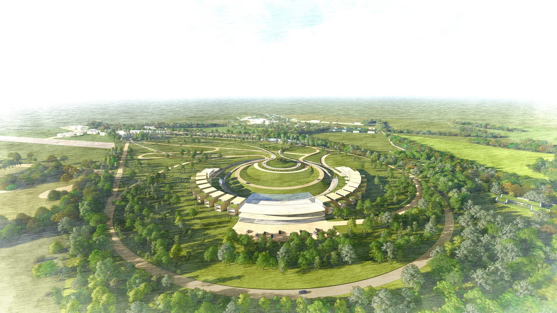 An architectural rendering of a circular modernist building complex set within a sprawling green park with curved pathways.