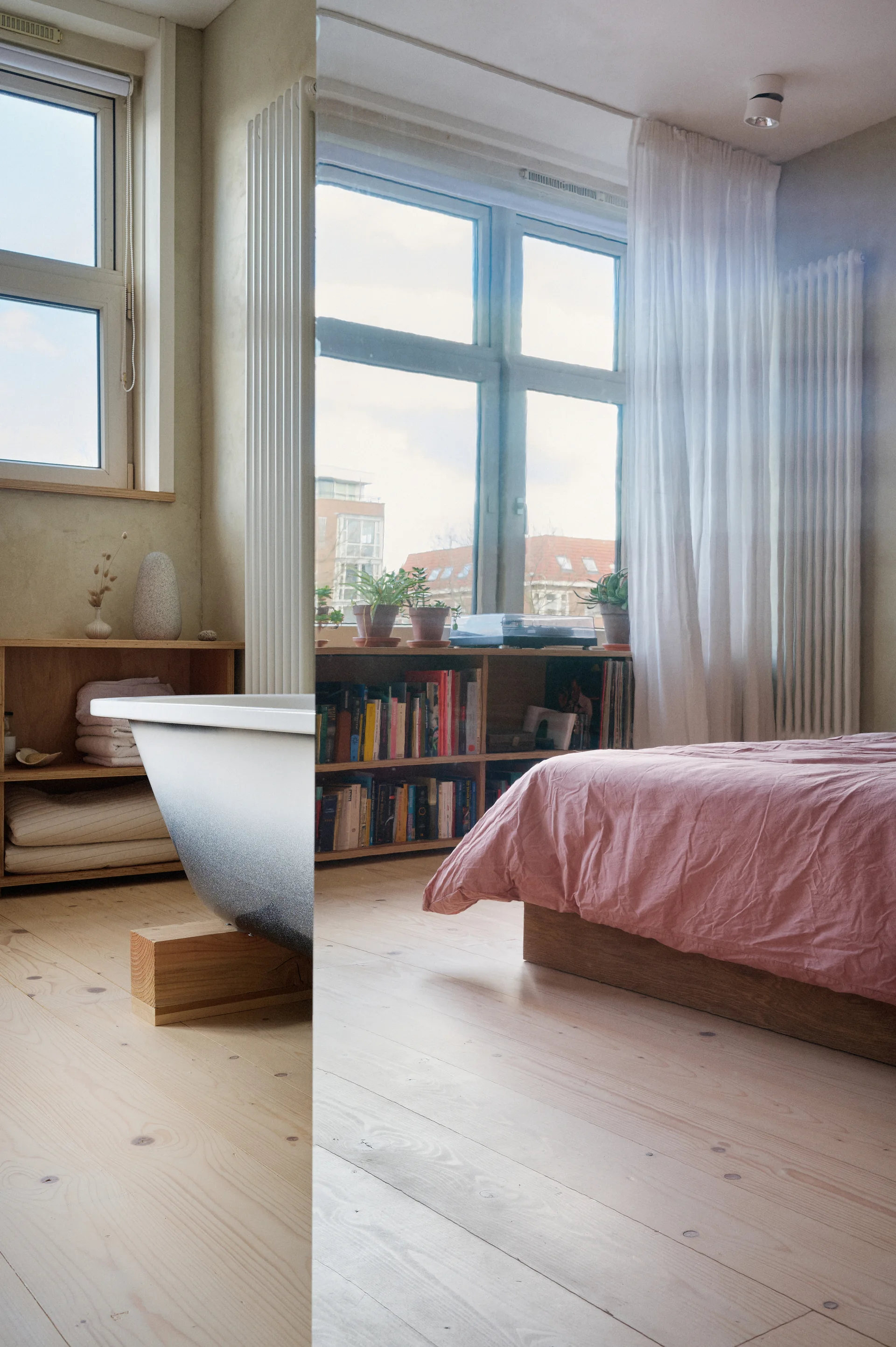 A split-screen photo showing a modern bathtub on wooden blocks on the left and a minimalist bedroom with pink bedding on the right.