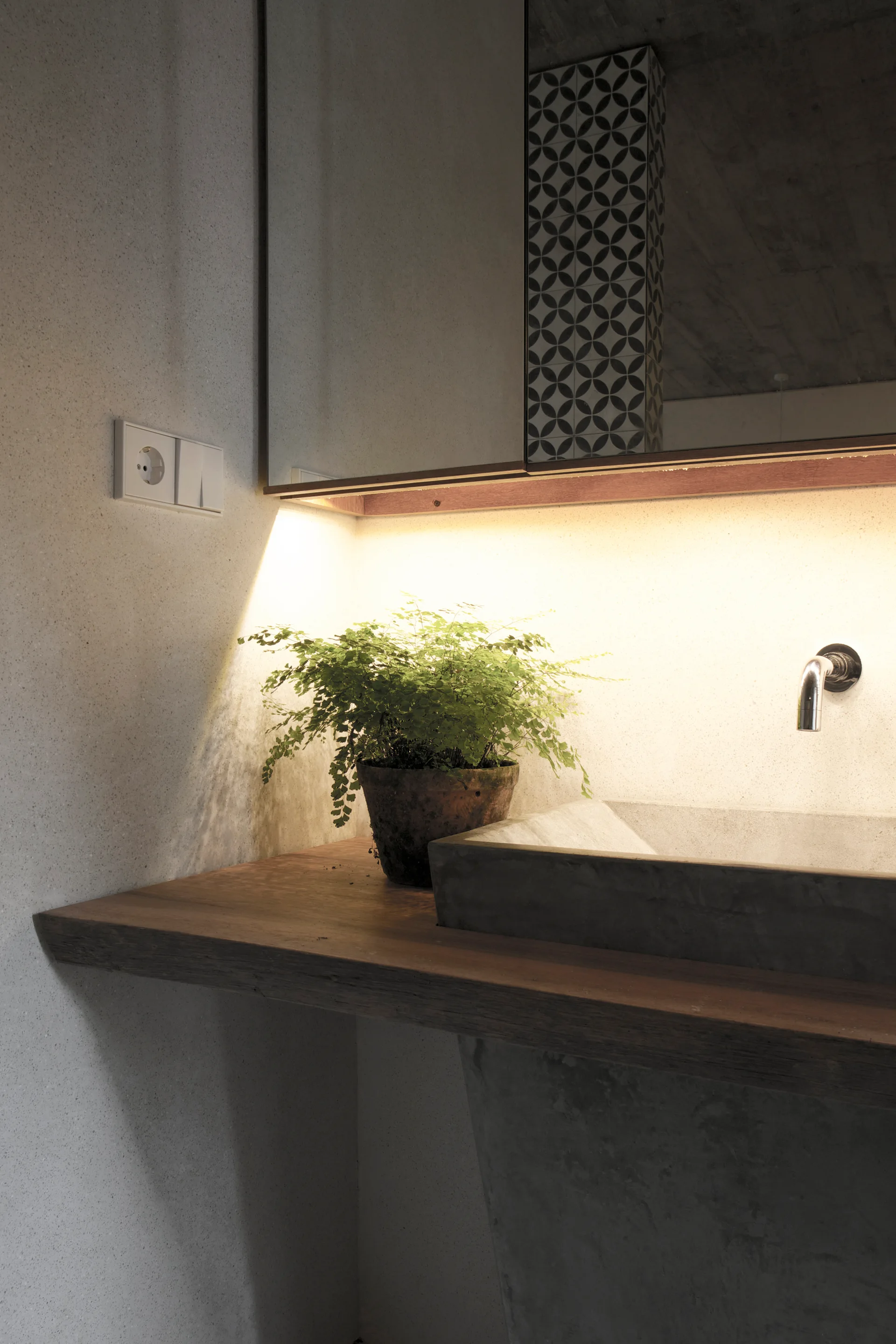 A concrete basin sink sits on a thick wooden vanity countertop beneath a glowing LED strip light, next to a potted fern.