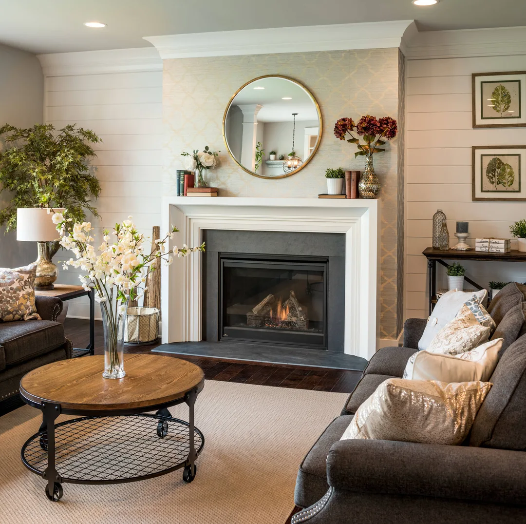 Modern farmhouse living room with wallpapered fireplace&nbsp;