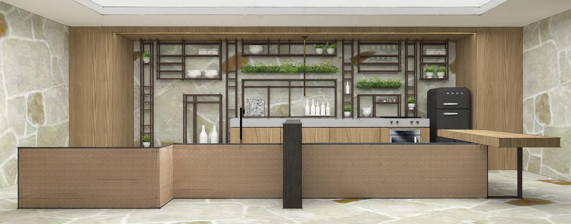 A modern kitchen rendering featuring a cane-webbing island, wood cabinetry, open metal grid shelving, and stone walls.