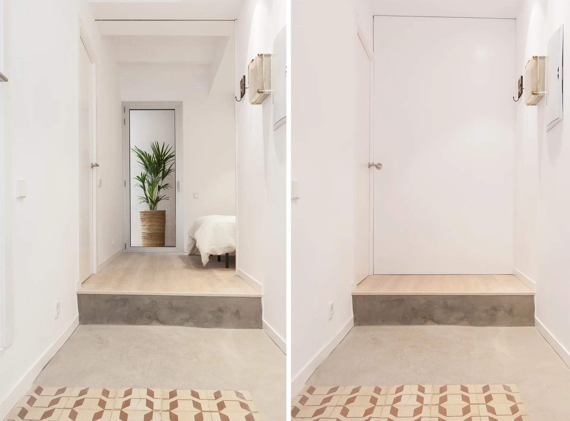 A split view of a minimalist entryway showing a raised concrete threshold and a white sliding partition door that closes off a bedroom.