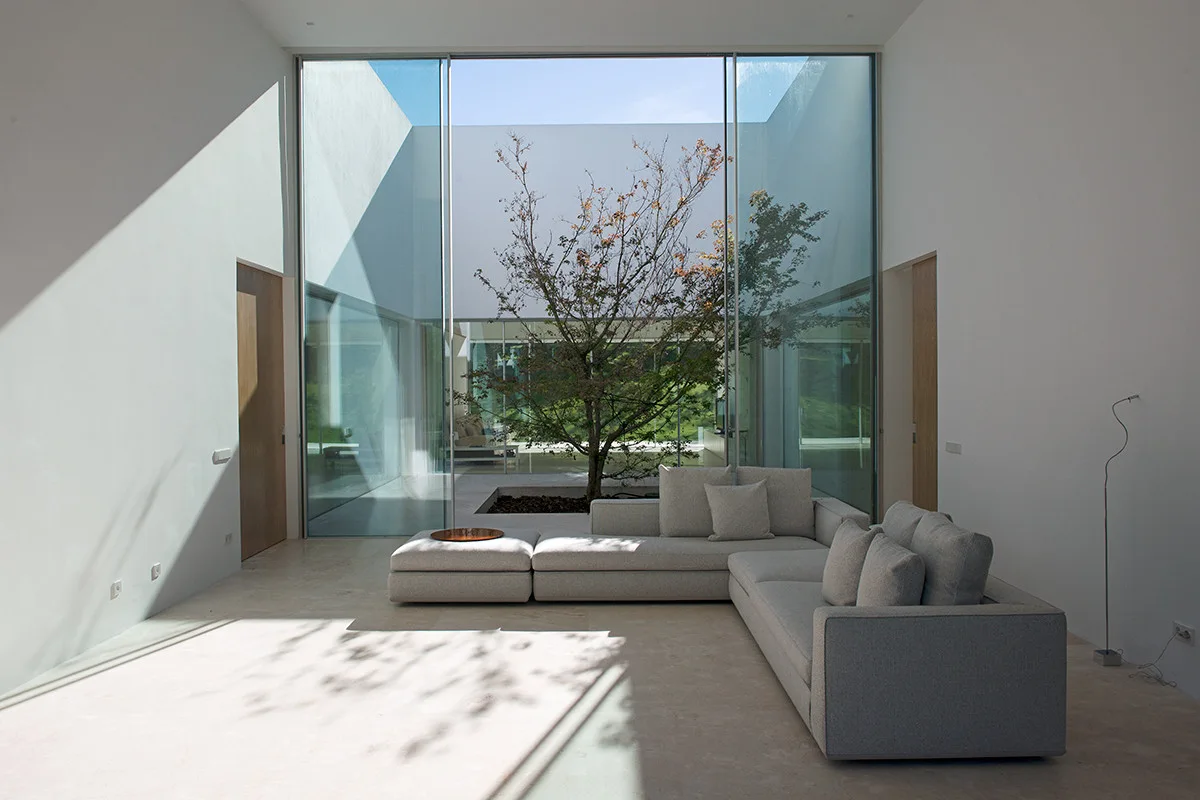 A minimalist living room features a light gray sectional sofa facing floor-to-ceiling glass walls that look out onto a central courtyard with a tree.