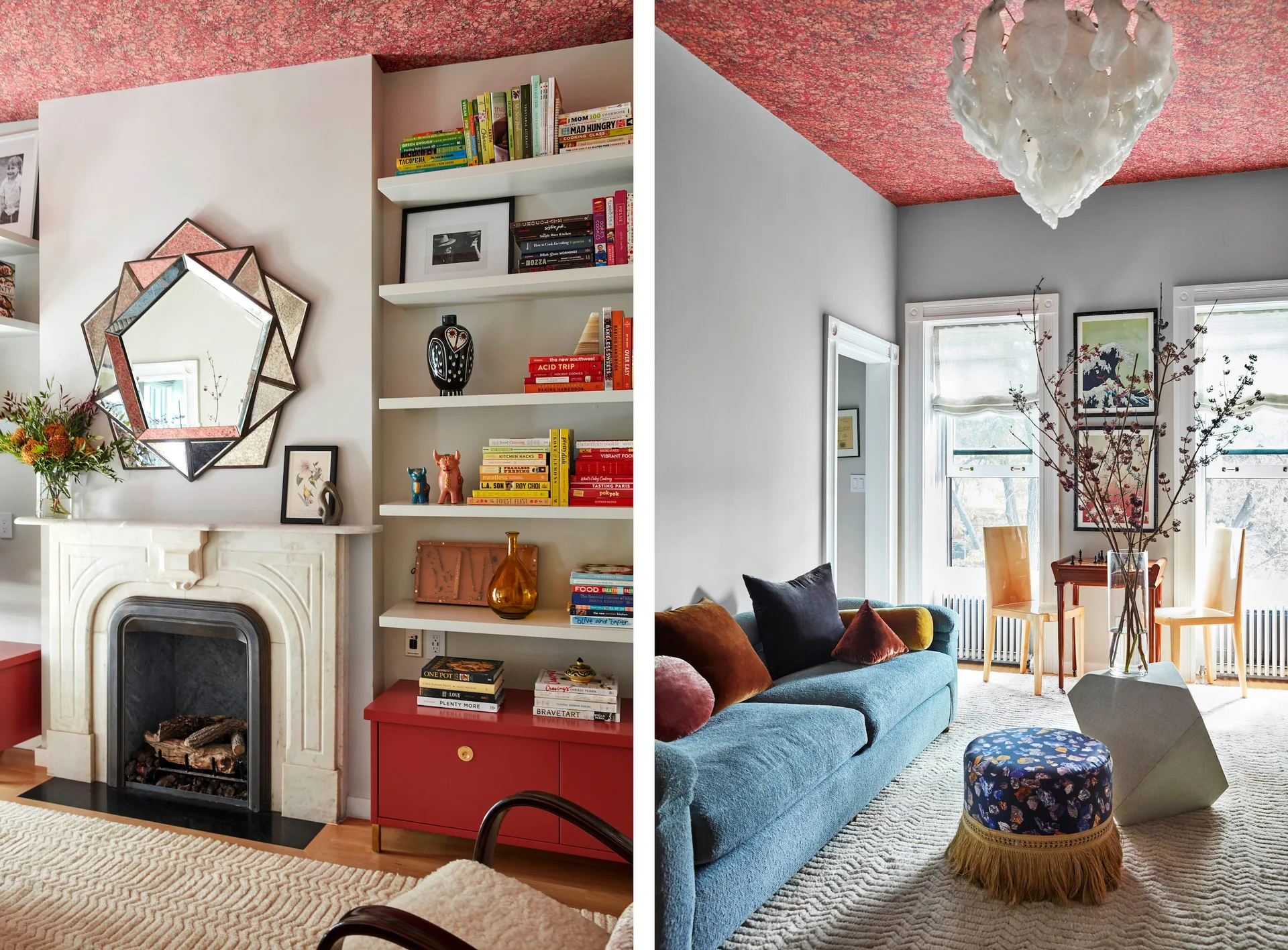 A split-view photo of an eclectic living room featuring a blue sofa, a marble fireplace with a geometric mirror, and a bold red patterned ceiling.