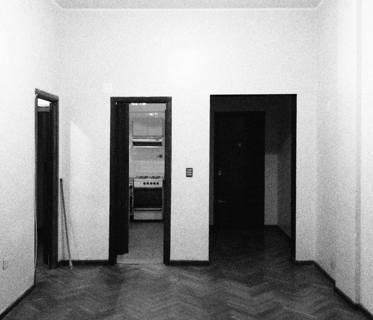 An empty interior hallway features white walls, dark-framed doorways, and a dark wood floor with a herringbone pattern.