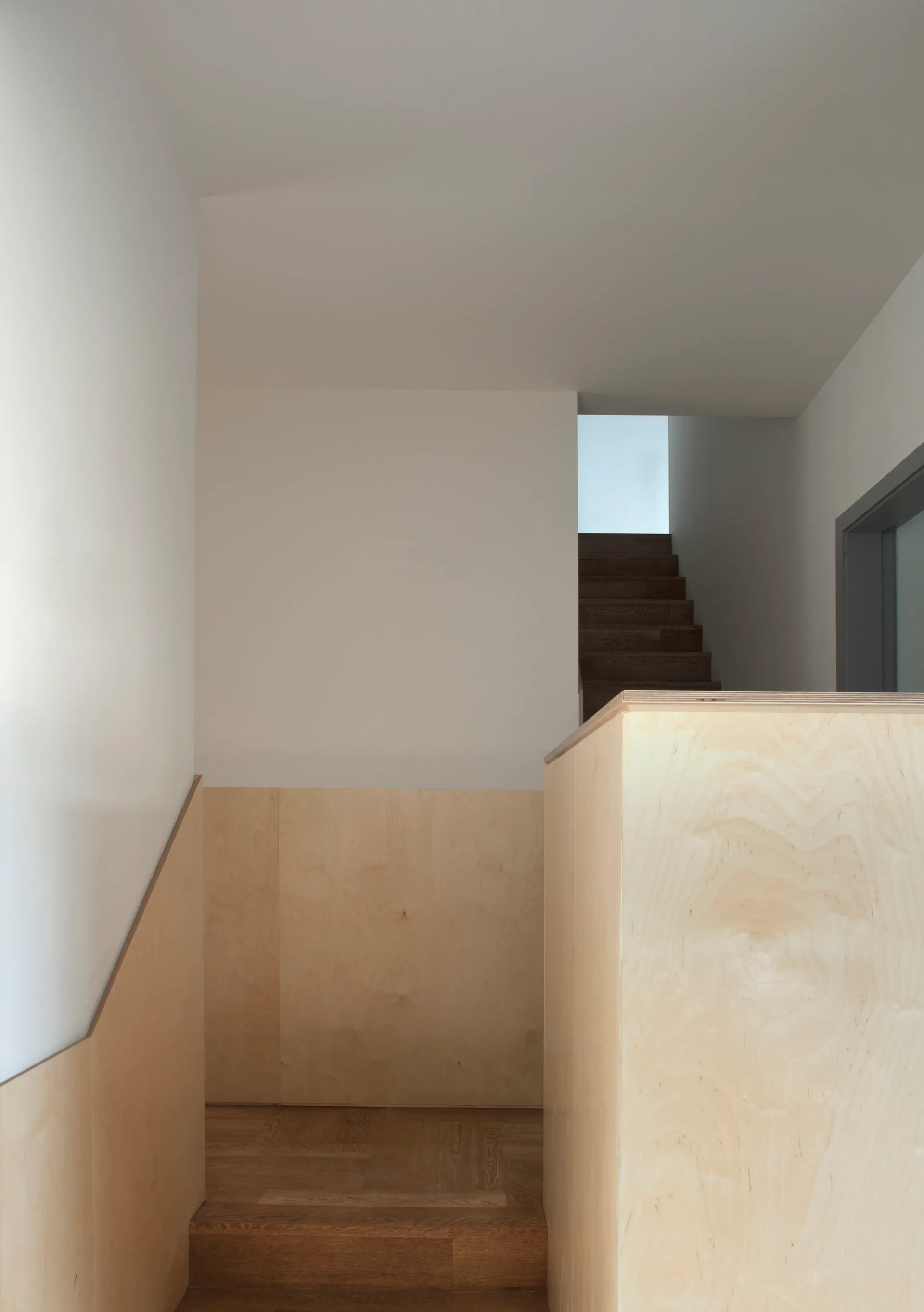 A minimalist stairwell featuring light plywood paneling on the lower walls and banister, leading to dark wood steps and white upper walls.