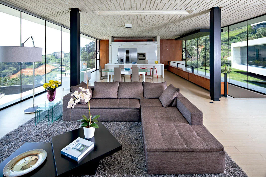 A modern open-concept living room with a brown sectional sofa, shag rug, textured concrete ceiling, and floor-to-ceiling glass walls.
