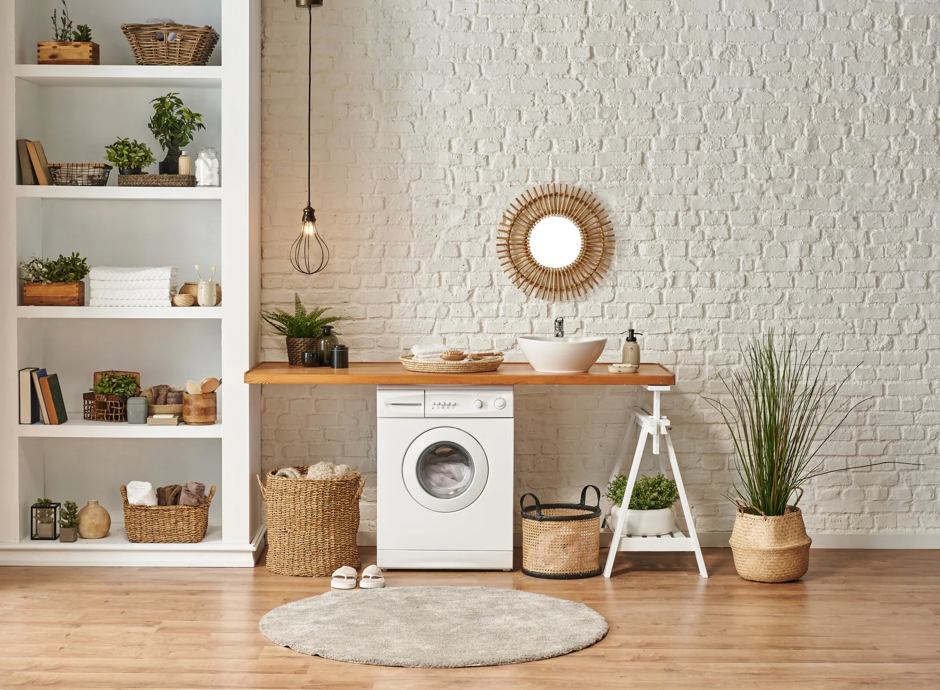 A front-loading washing machine is integrated under a long wood countertop with a small vessel sink against a white exposed brick wall.