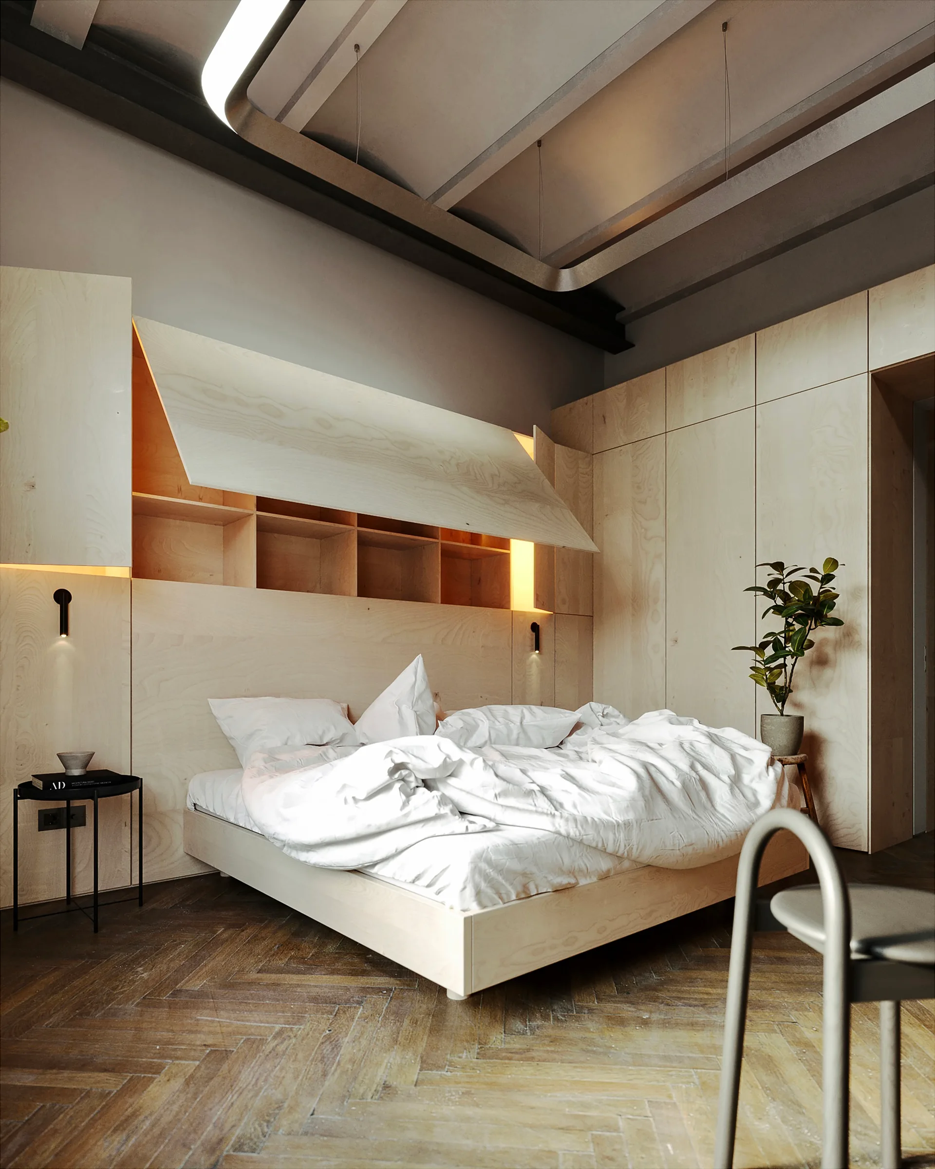 A modern bedroom features a low wood bed, extensive plywood wall panels with built-in storage, and herringbone patterned flooring.