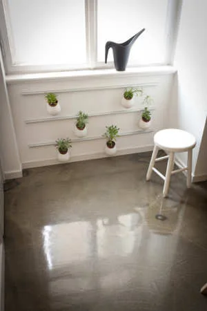 A minimalist room corner featuring small wall-mounted planters, a simple white wooden stool, and a reflective concrete floor.