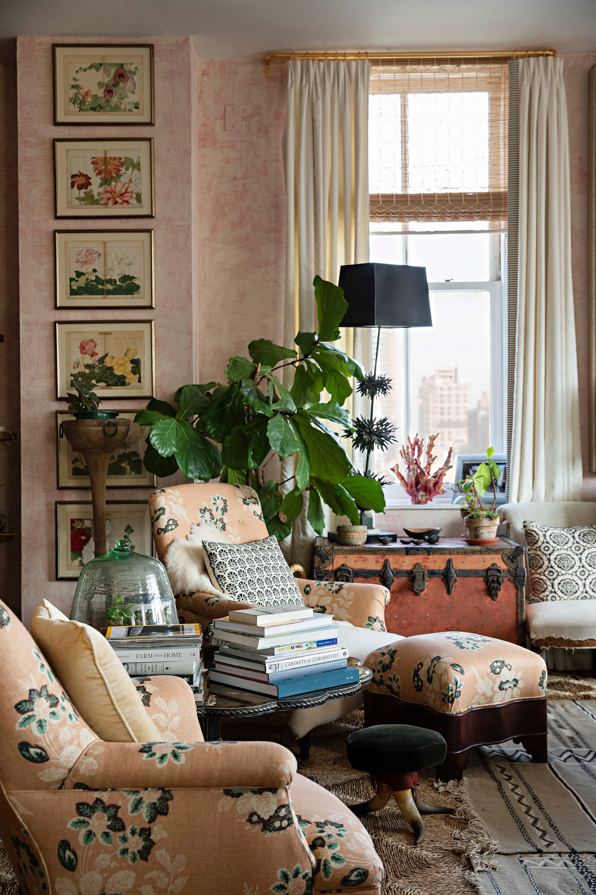 A cozy living room corner featuring two peach floral armchairs, a botanical print gallery wall, a fiddle leaf fig plant, and an antique trunk by a window.