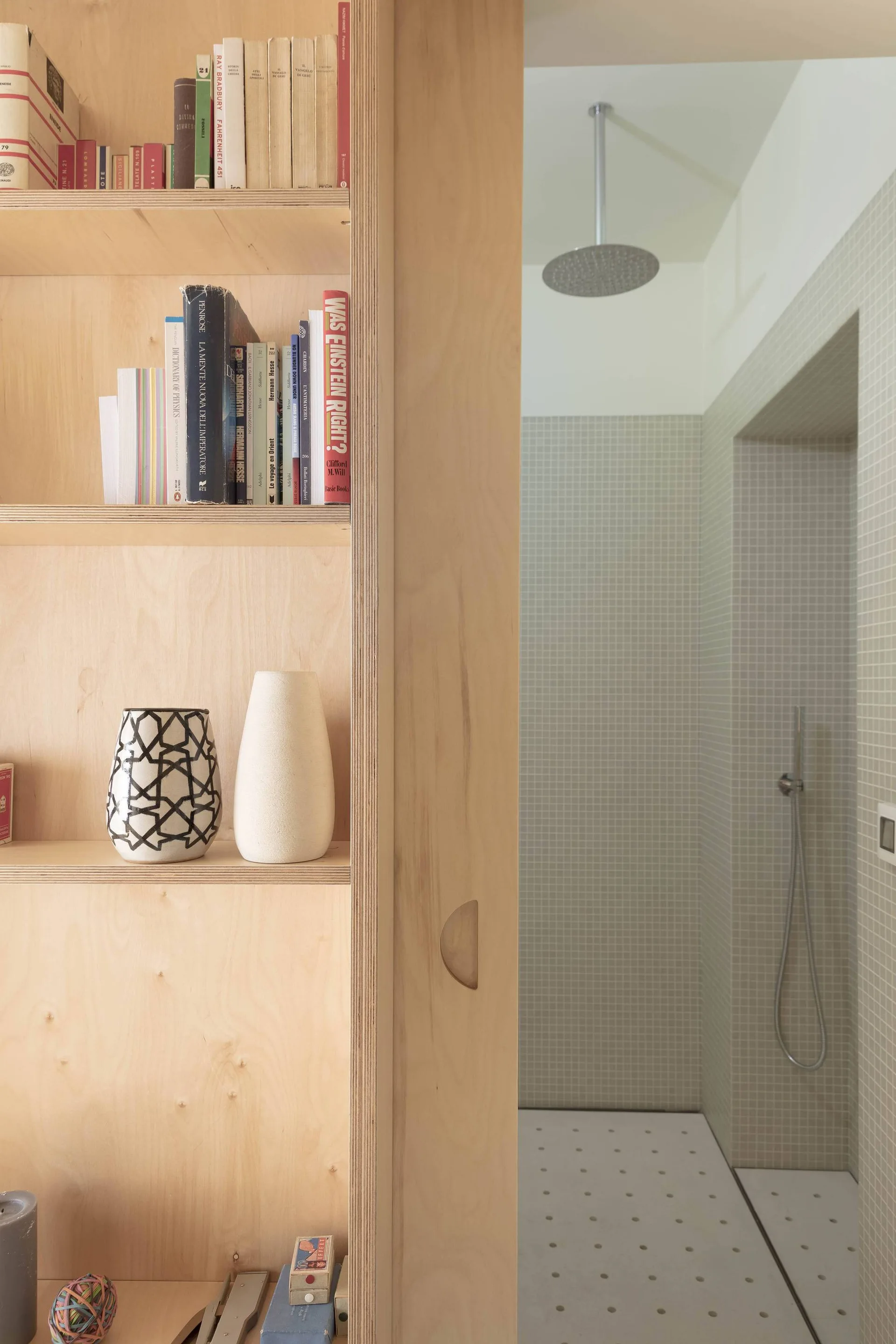 A light plywood shelving unit filled with books stands next to a walk-in shower lined with small square beige tiles and a rain showerhead.