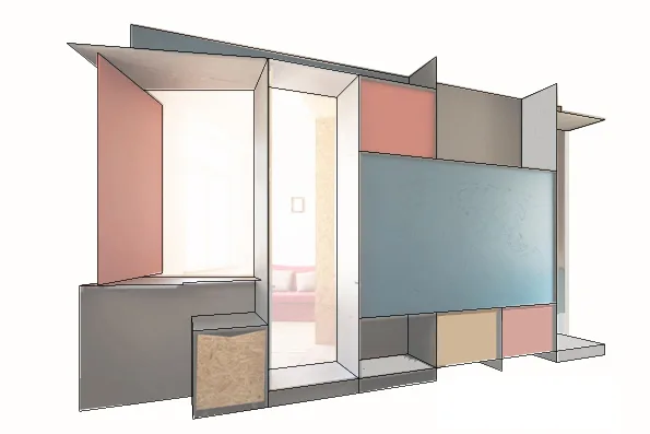 A 3D rendering of a geometric room divider featuring dusty pink, muted blue, and grey panels arranged around a central open doorway.