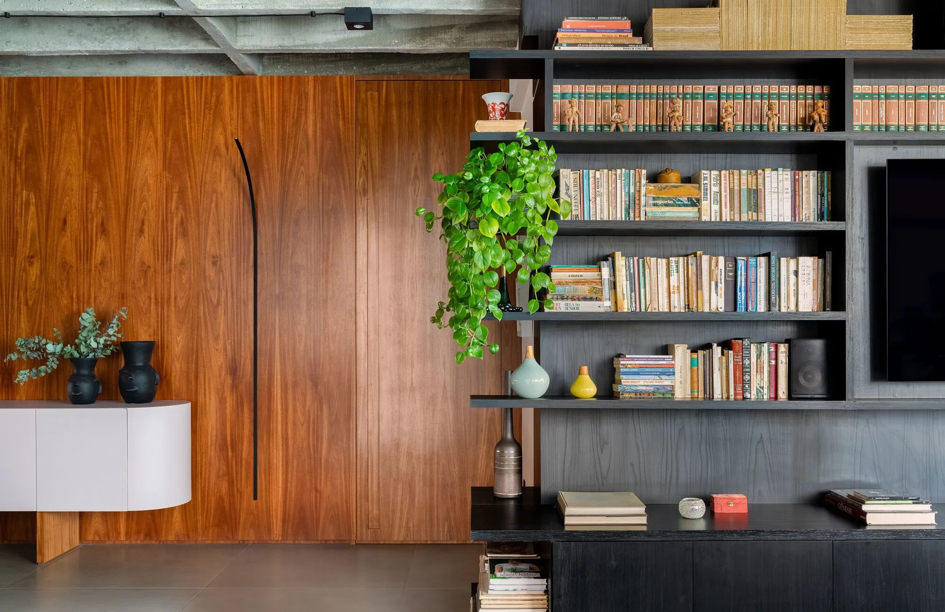 A sleek black built-in shelving unit with books and plants stands next to a vertical wood-paneled wall.