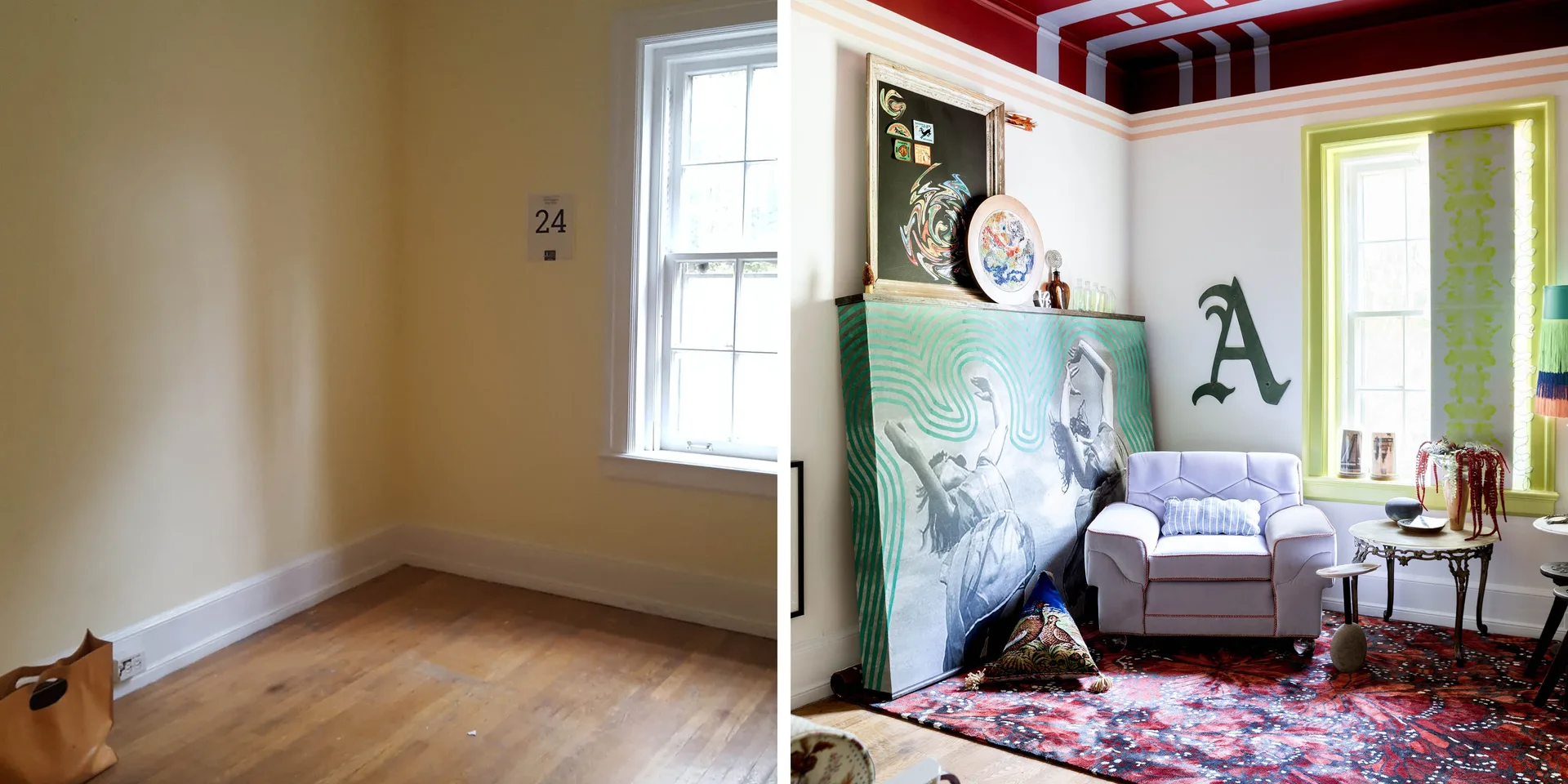 A before-and-after comparison of an empty beige room transformed into an eclectic living space featuring a striped ceiling and purple armchair.