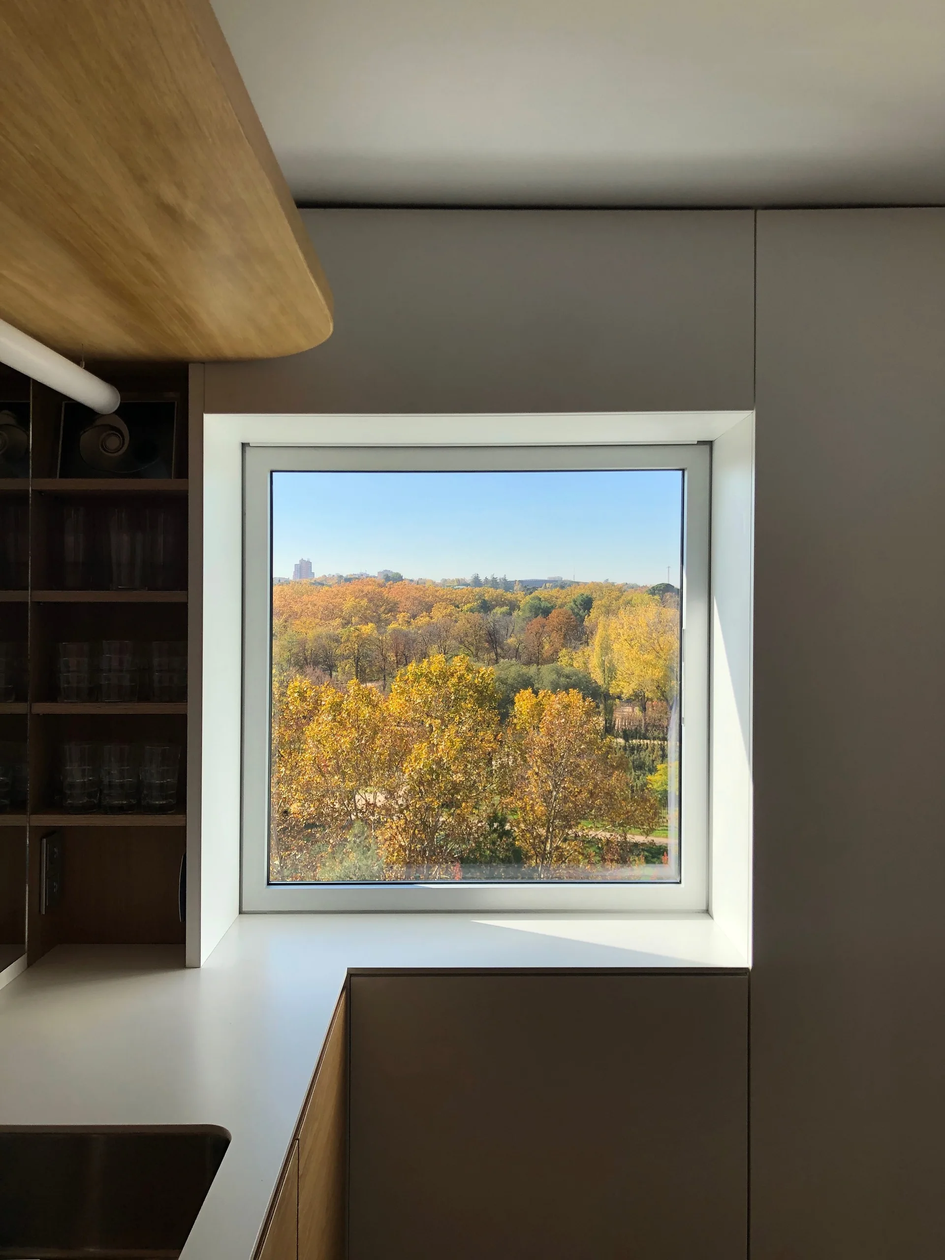 A square kitchen window frames a view of golden autumn trees, surrounded by flat beige cabinets and open wooden shelves.
