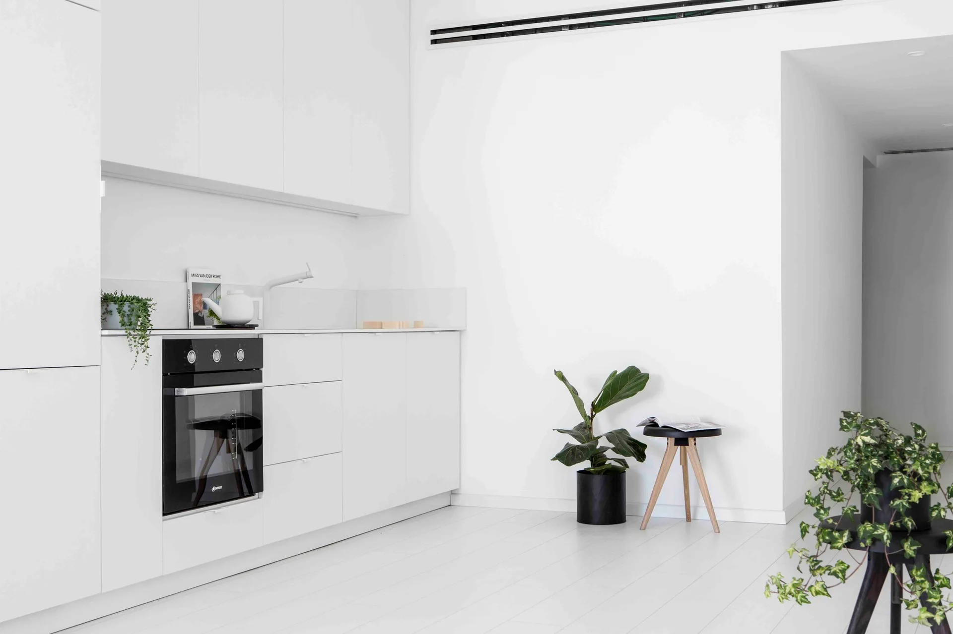 A minimalist white kitchen features flat-front handleless cabinets, an integrated black oven, a light wood floor, and green potted plants.