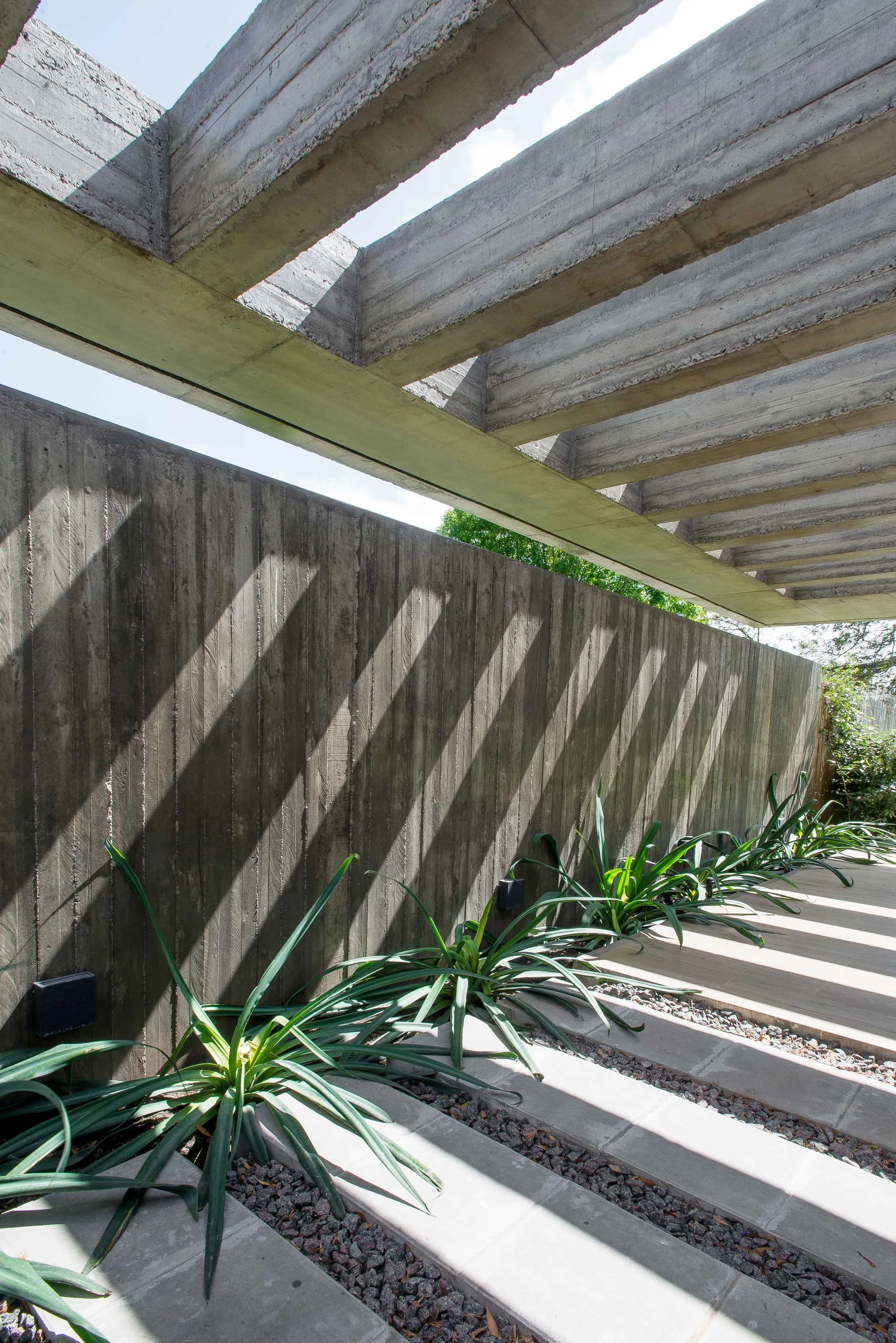 An outdoor path features a tall board-formed concrete wall, an overhead concrete pergola casting diagonal shadows, and green plants in gravel.
