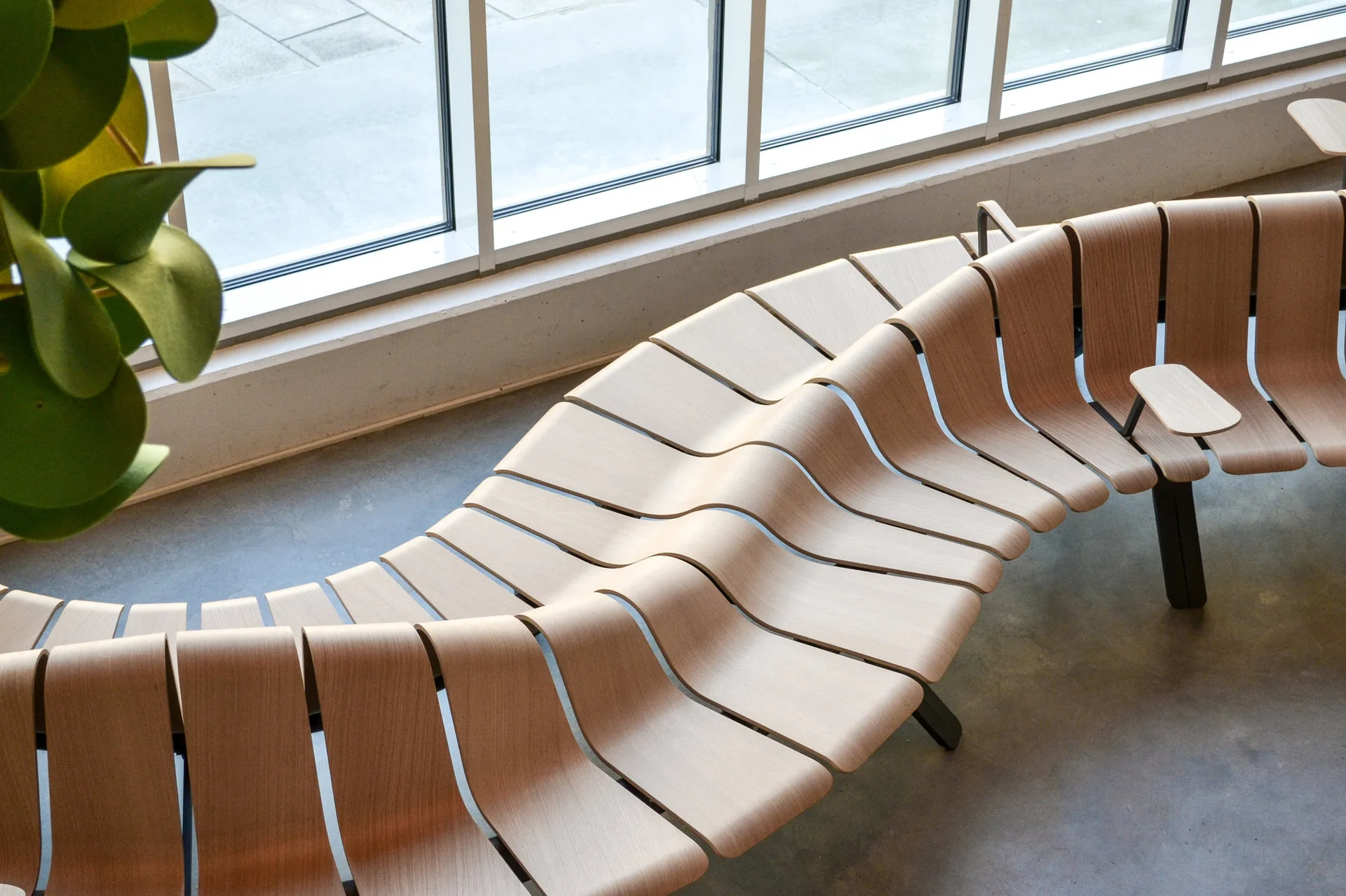 A curved light wood slatted bench with small attached tables sits on a grey concrete floor in front of large windows.