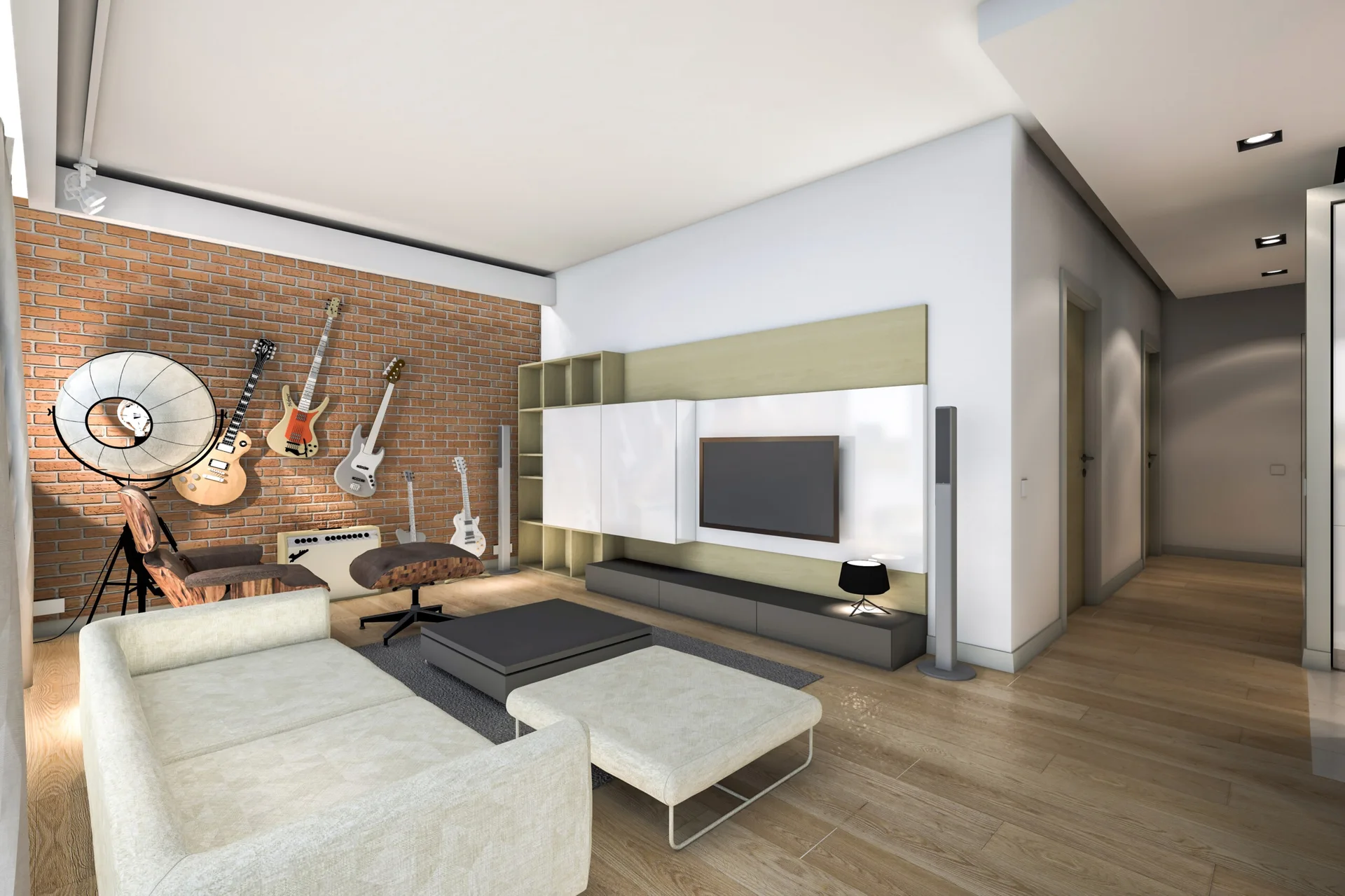 A modern living room features a cream sofa, an exposed brick wall hung with multiple guitars, and a sleek media console.